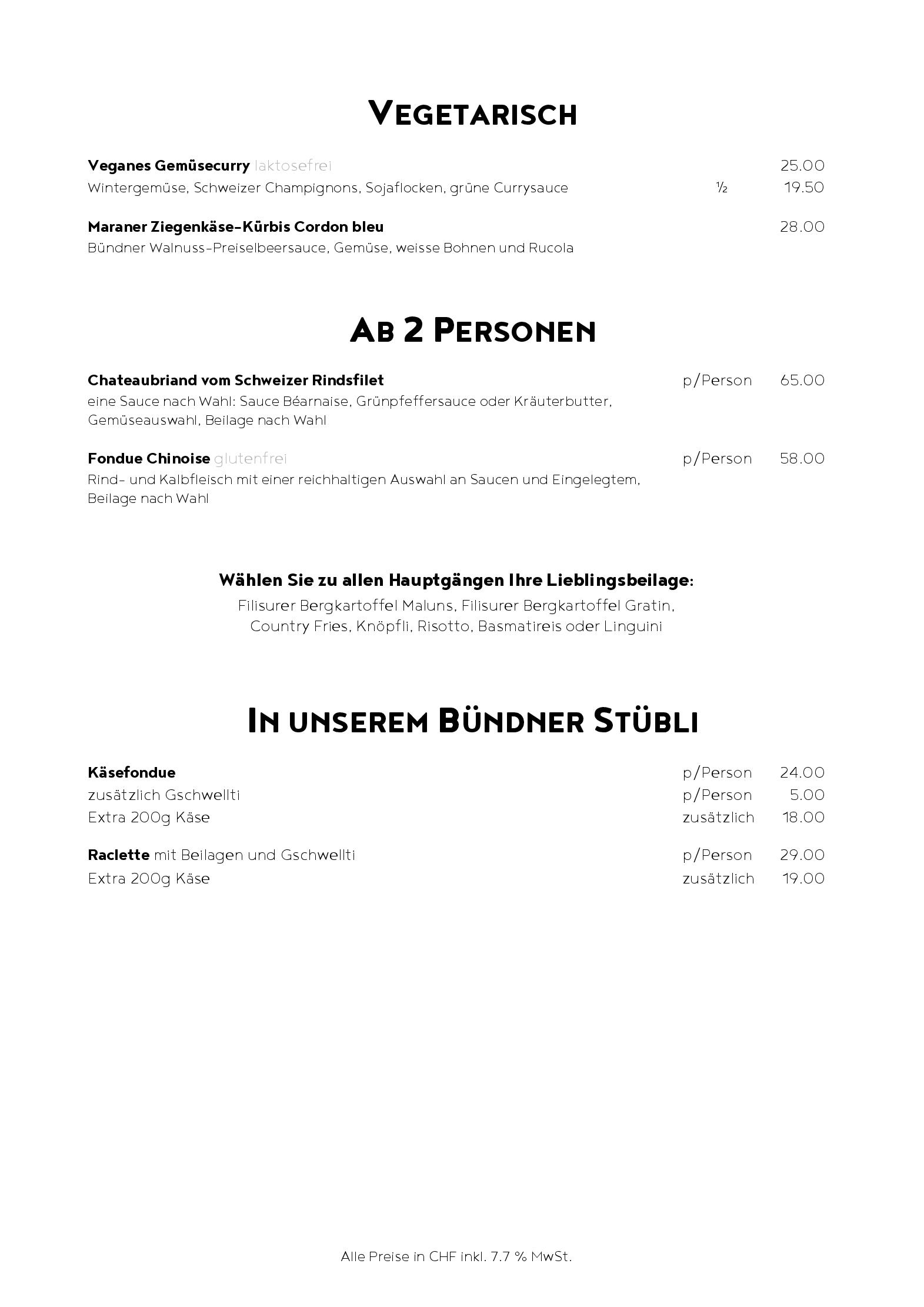 Speisekarte Bundner Stubli & Maraner Stube in Arosa, Seite 6