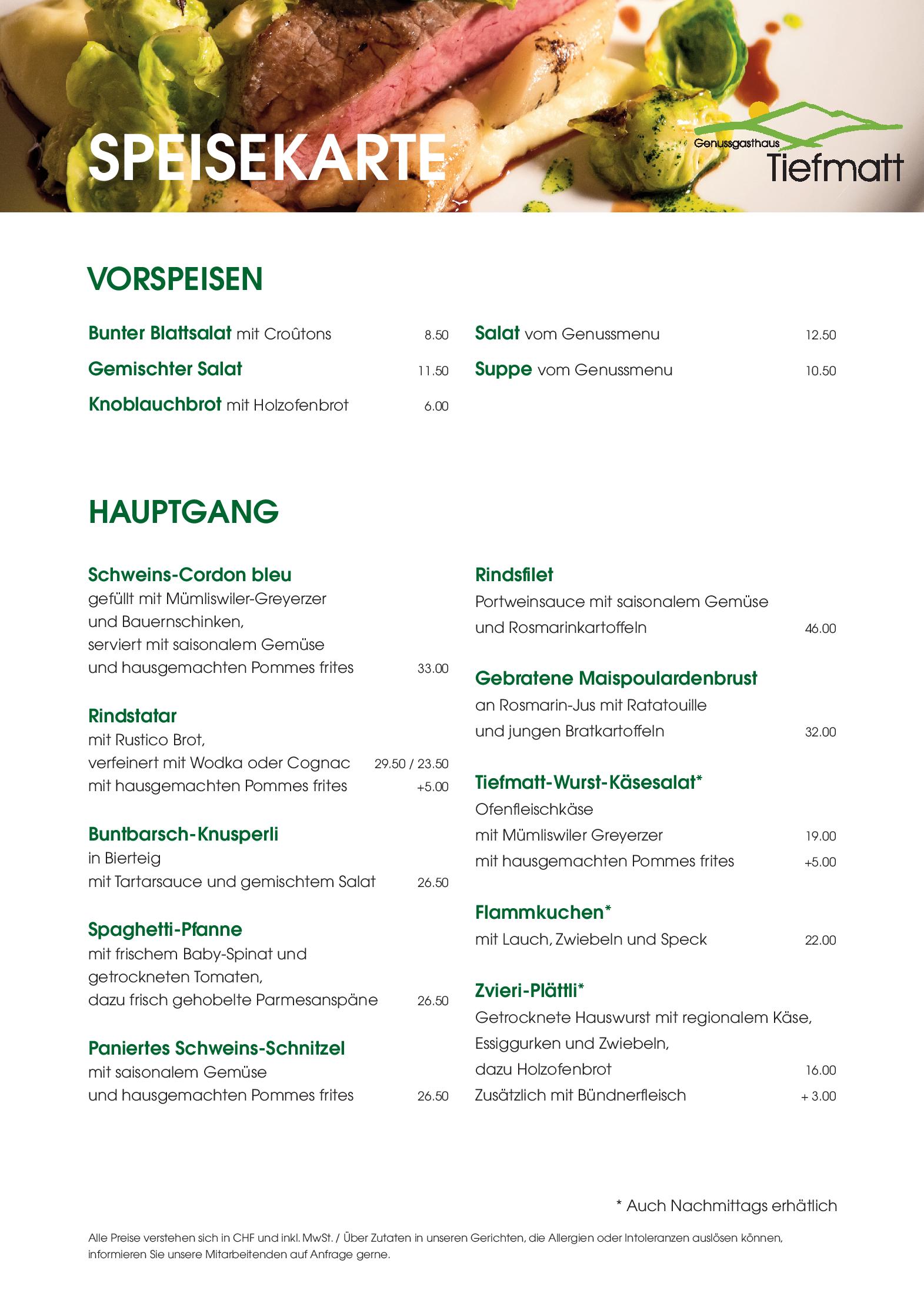 Speisekarte Genussgasthaus Tiefmatt in Holderbank, Seite 1
