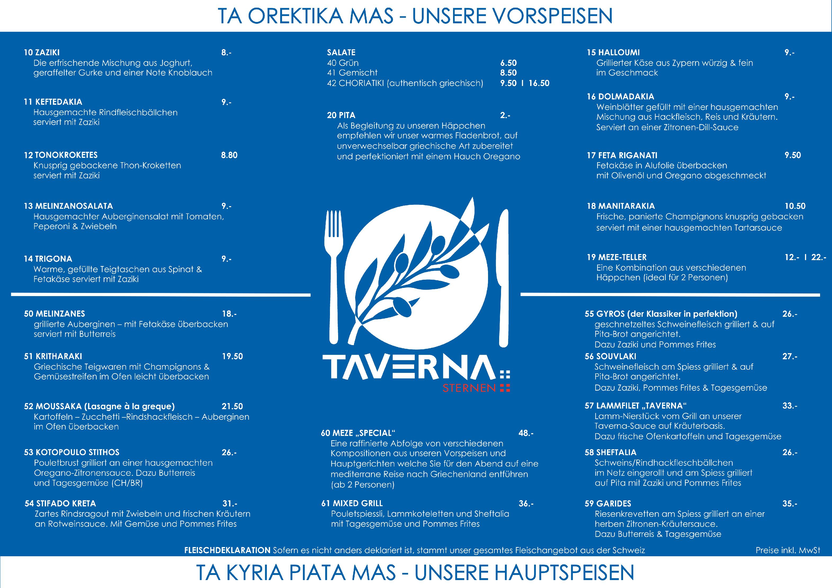 Speisekarte TAVERNA Sternen in Belp, Seite 1