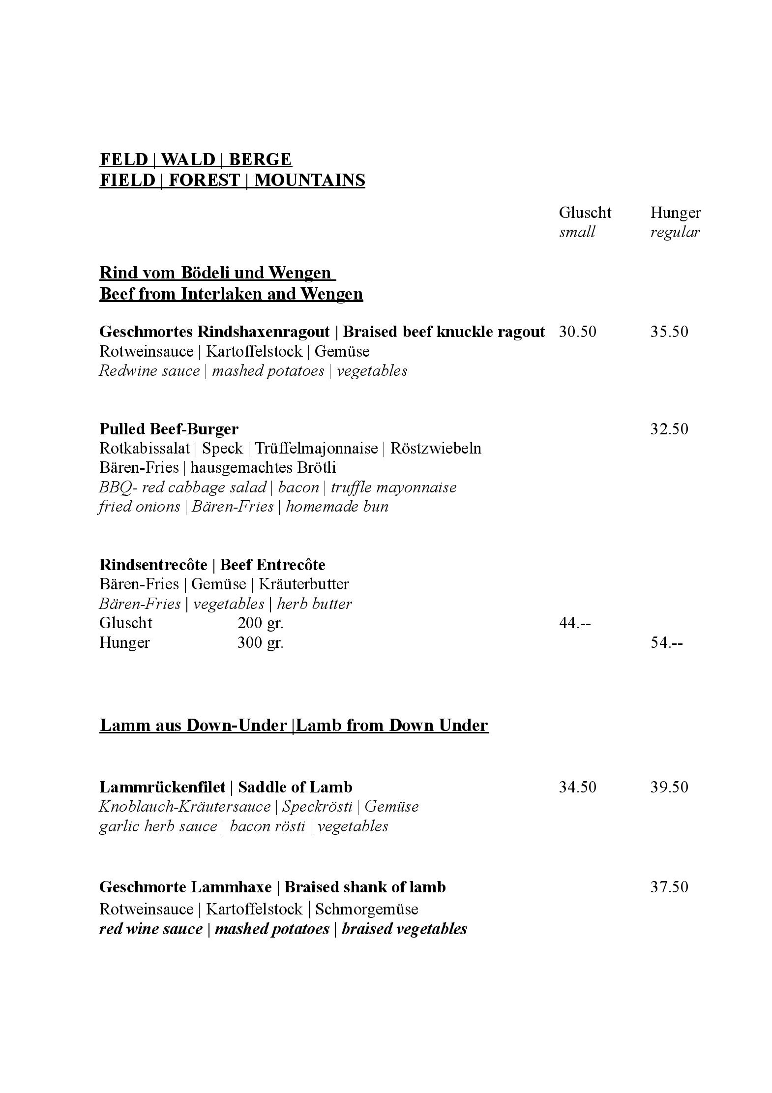 Speisekarte Alpenkräuter Restaurant Bären in Wengen, Seite 2