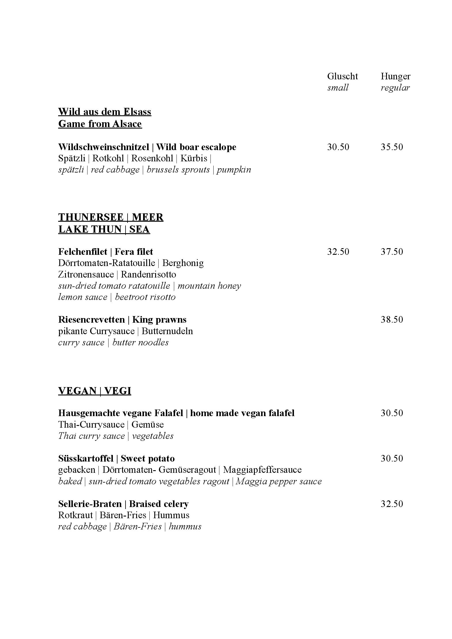 Speisekarte Alpenkräuter Restaurant Bären in Wengen, Seite 1