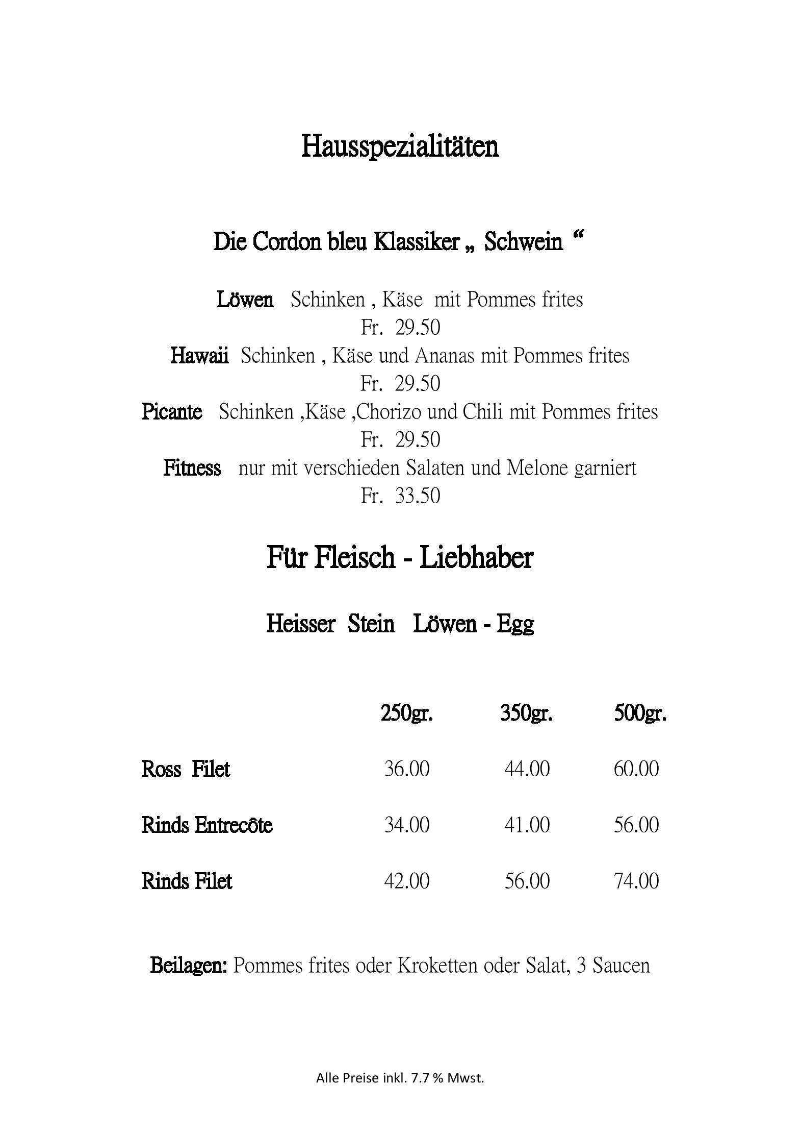 Speisekarte Löwen in Thierachern, Seite 2