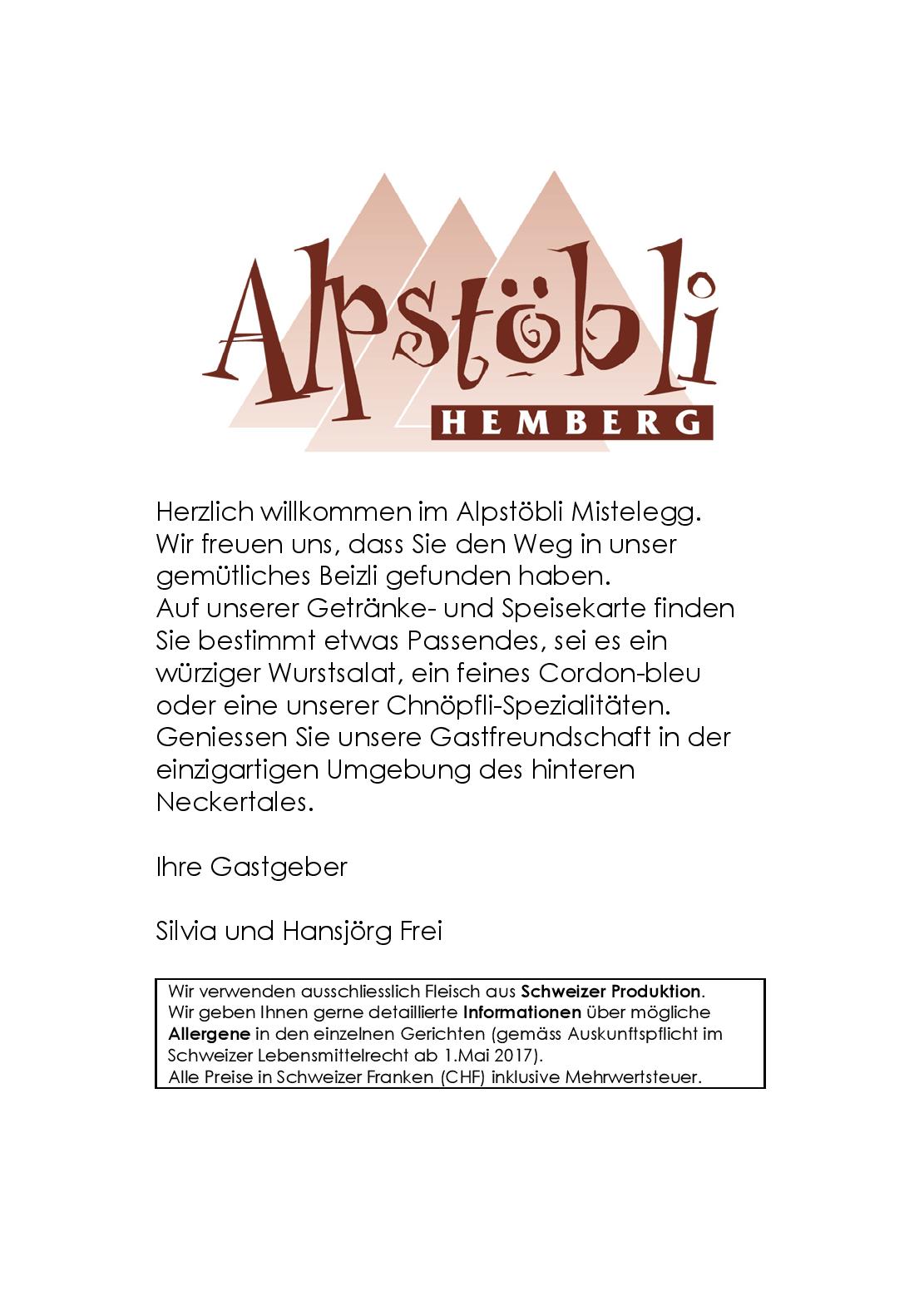 Speisekarte Restaurant Alpstöbli in Hemberg, Seite 1