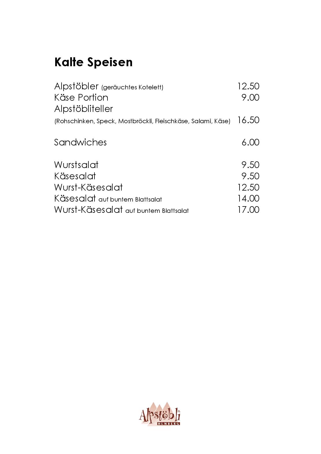 Speisekarte Restaurant Alpstöbli in Hemberg, Seite 6