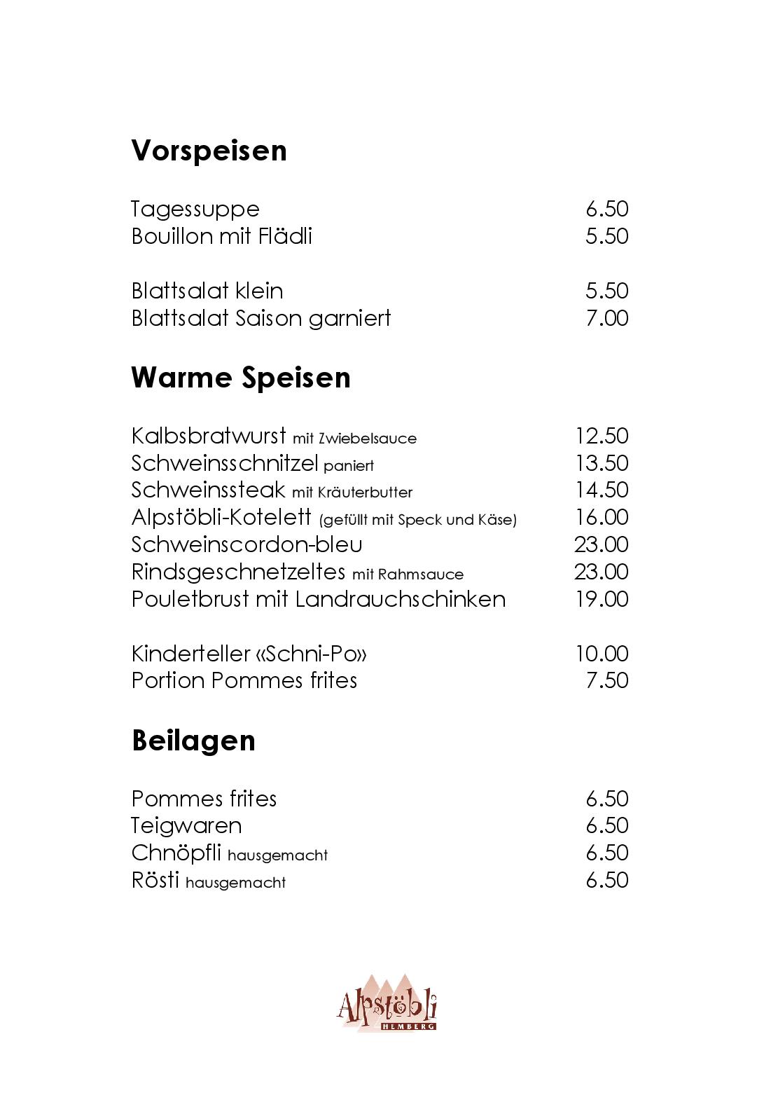 Speisekarte Restaurant Alpstöbli in Hemberg, Seite 7
