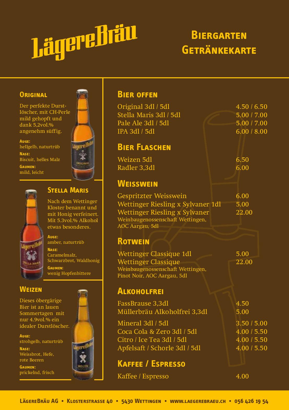 Speisekarte Biergarten Lägerebräu in Wettingen, Seite 1