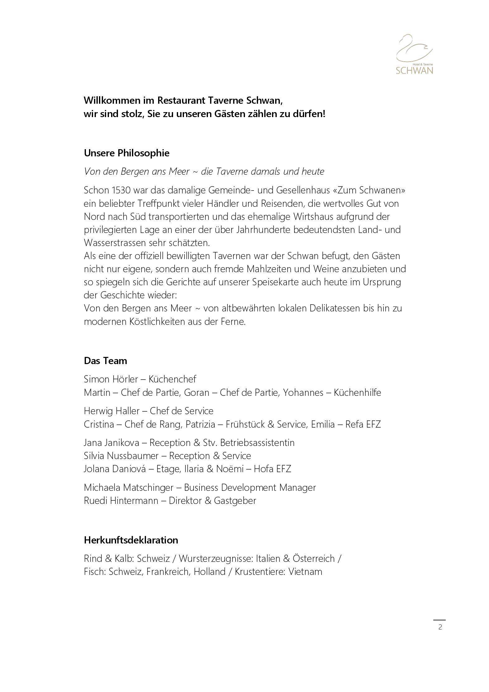 Speisekarte Schwan Hotel & Taverne in Horgen, Seite 2