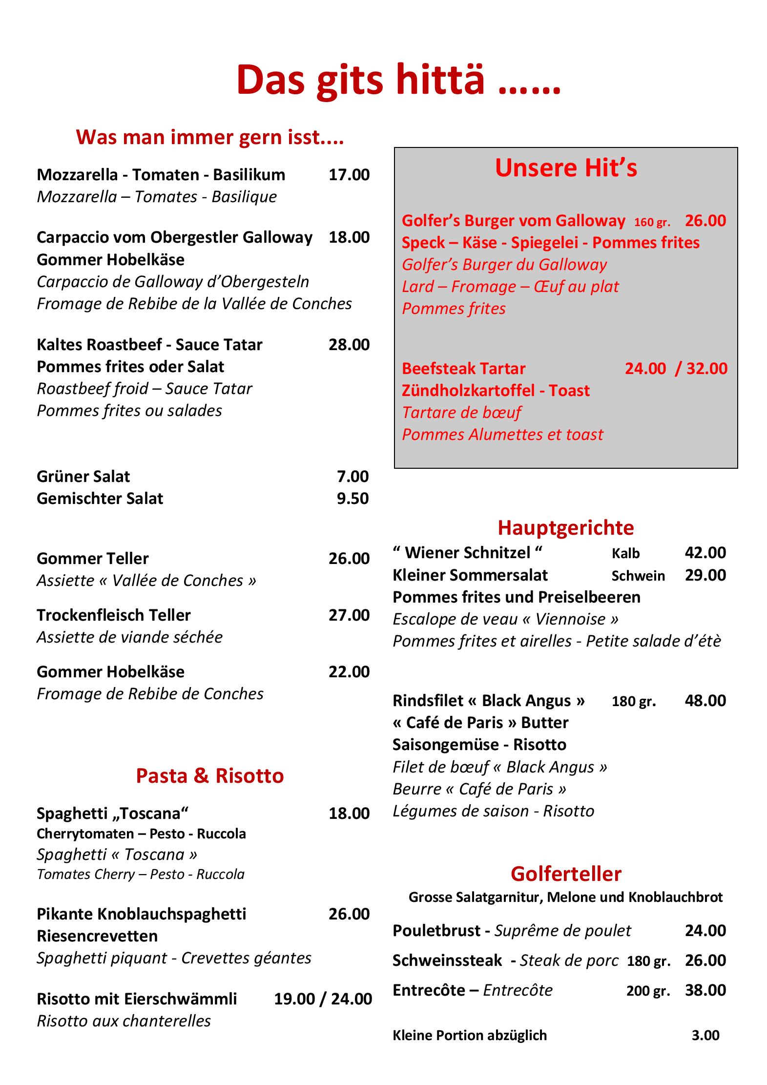 Speisekarte Restaurant Source du Rhone in Obergesteln, Seite 2