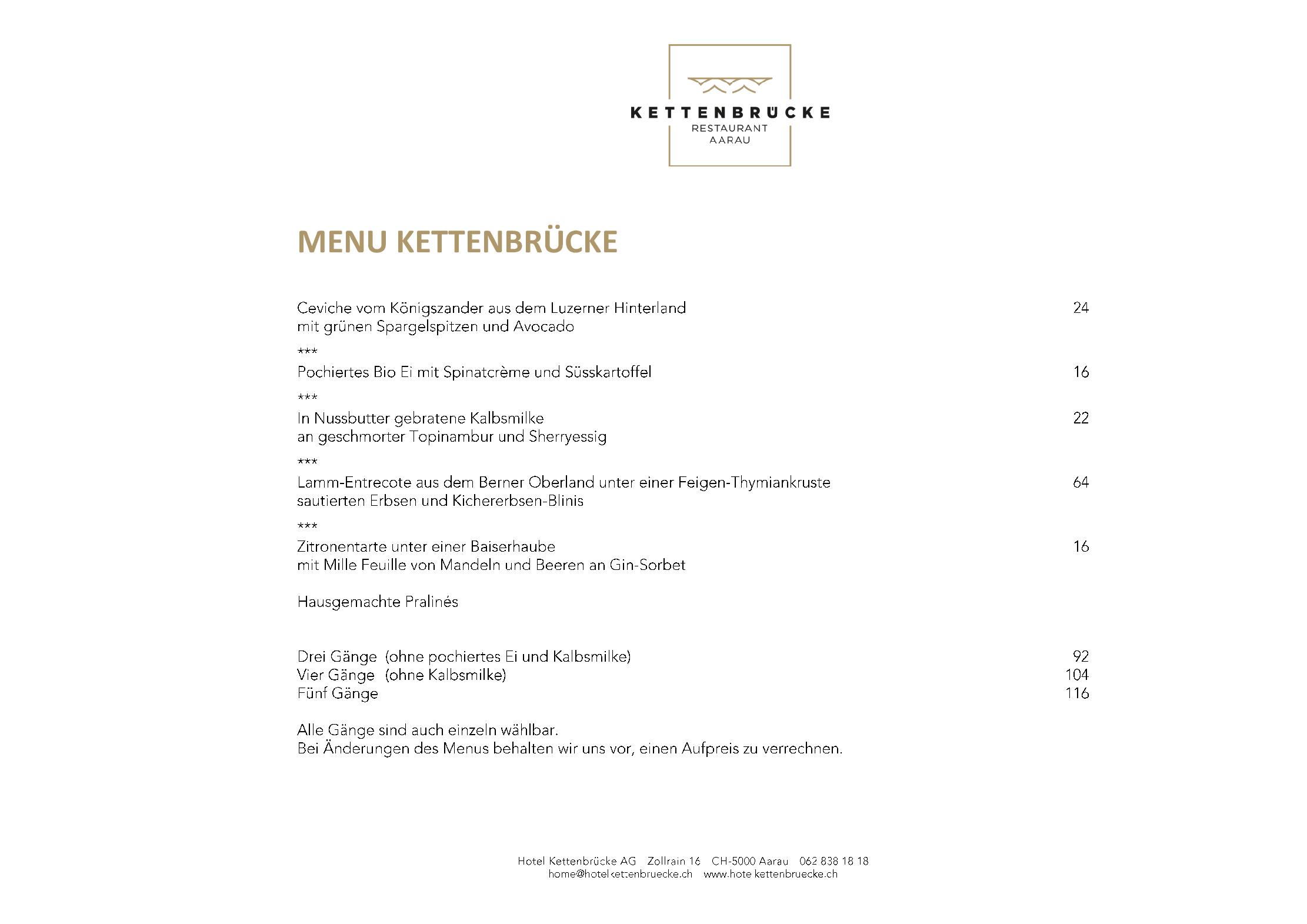 Speisekarte Restaurant Kettenbrücke in Aarau, Seite 2