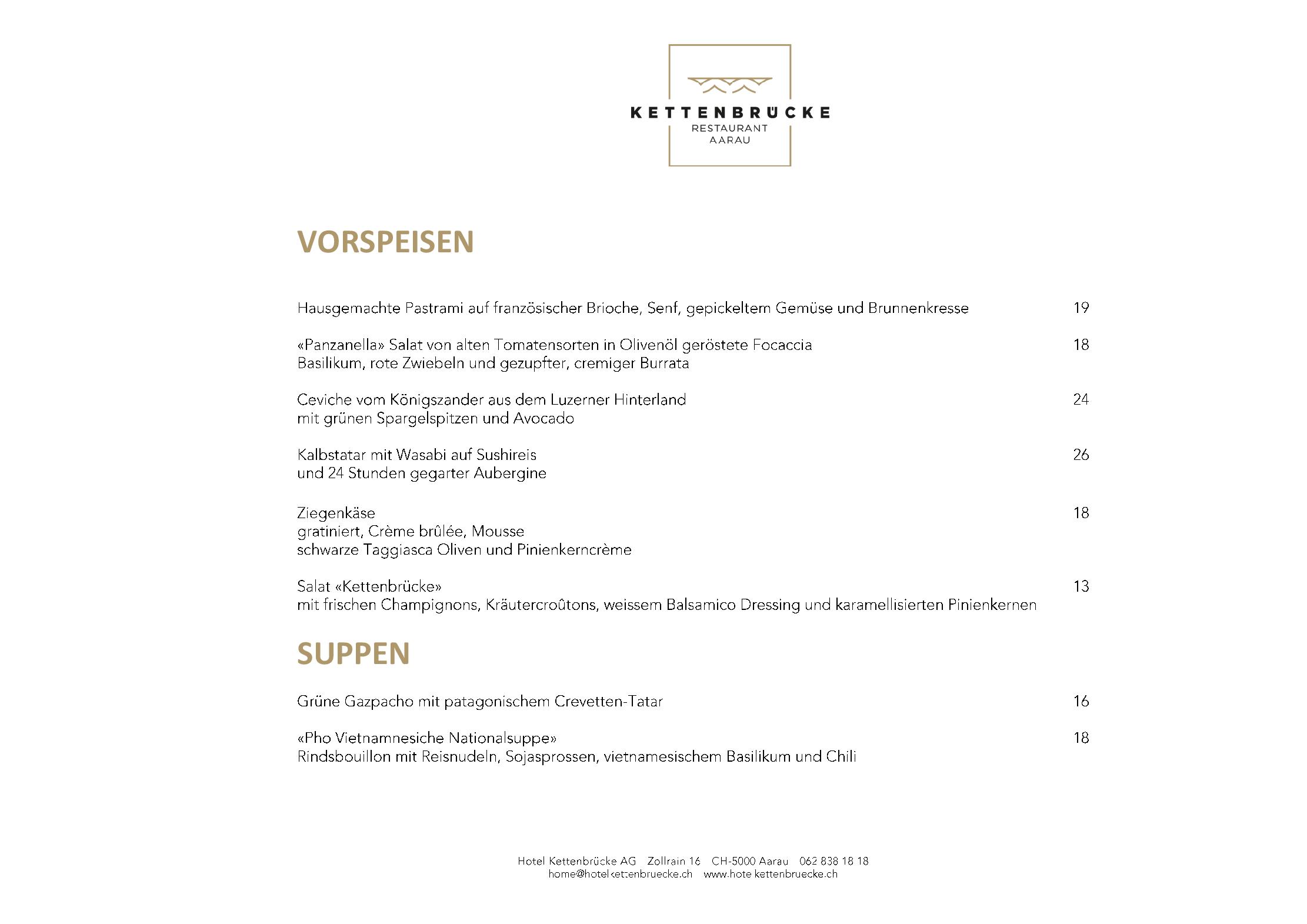 Speisekarte Restaurant Kettenbrücke in Aarau, Seite 1