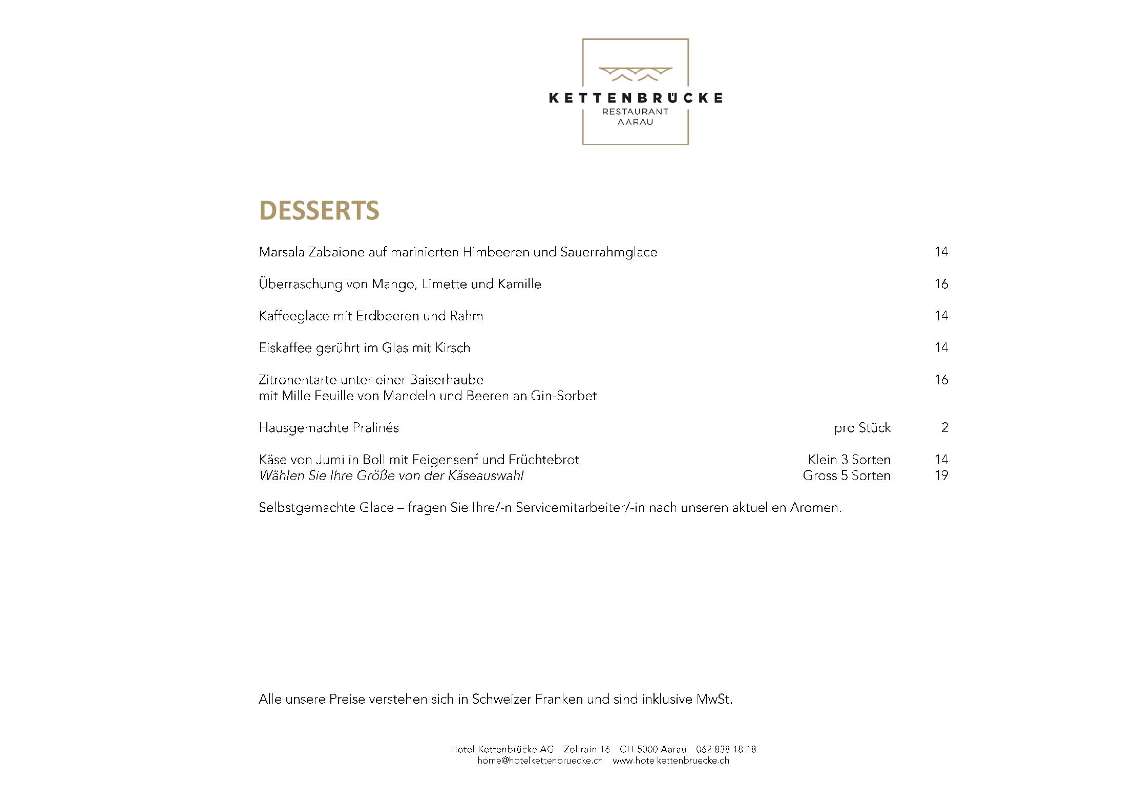 Speisekarte Restaurant Kettenbrücke in Aarau, Seite 4