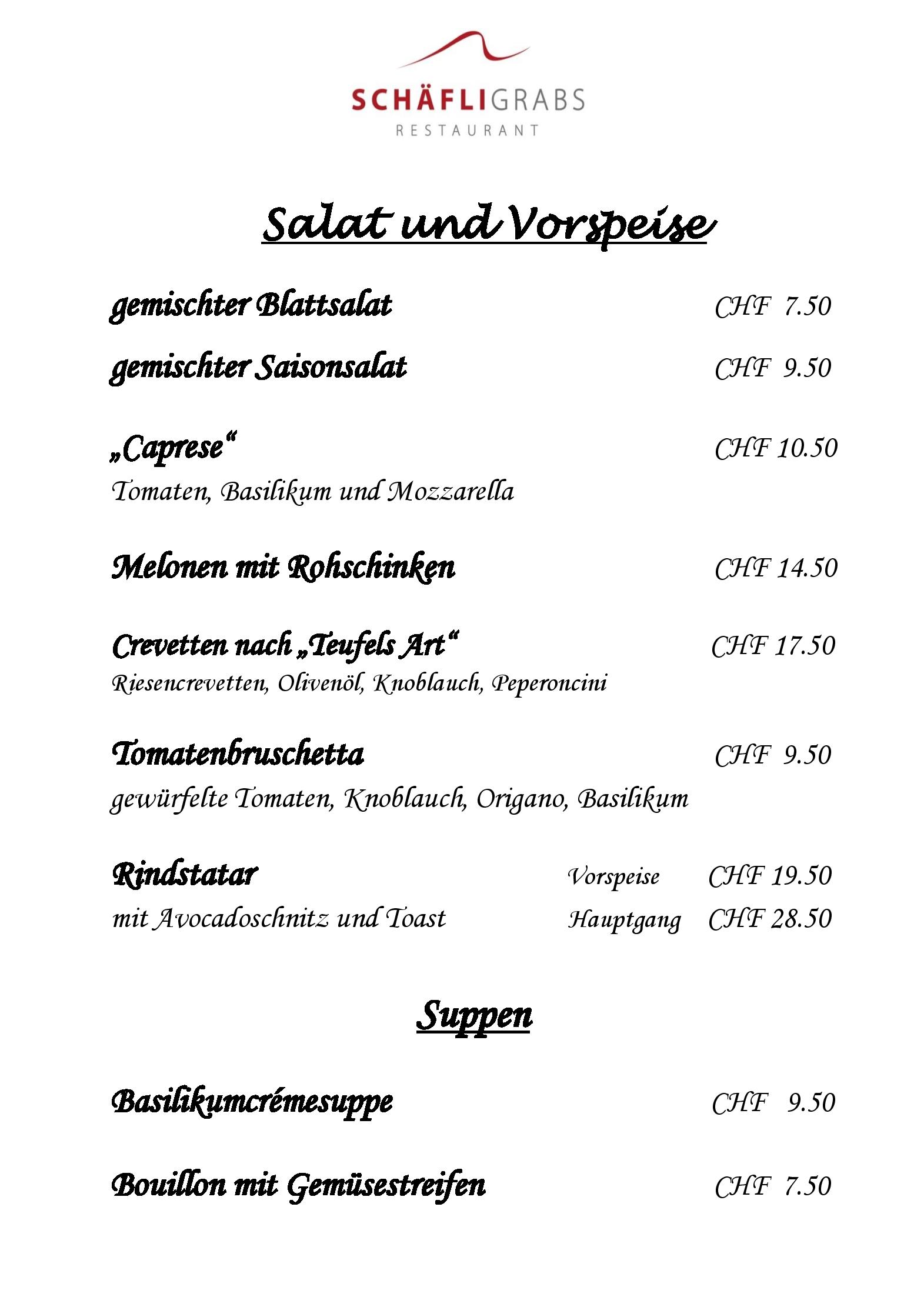 Speisekarte Restaurant Schäfli Grabs GmbH in Grabs, Seite 1