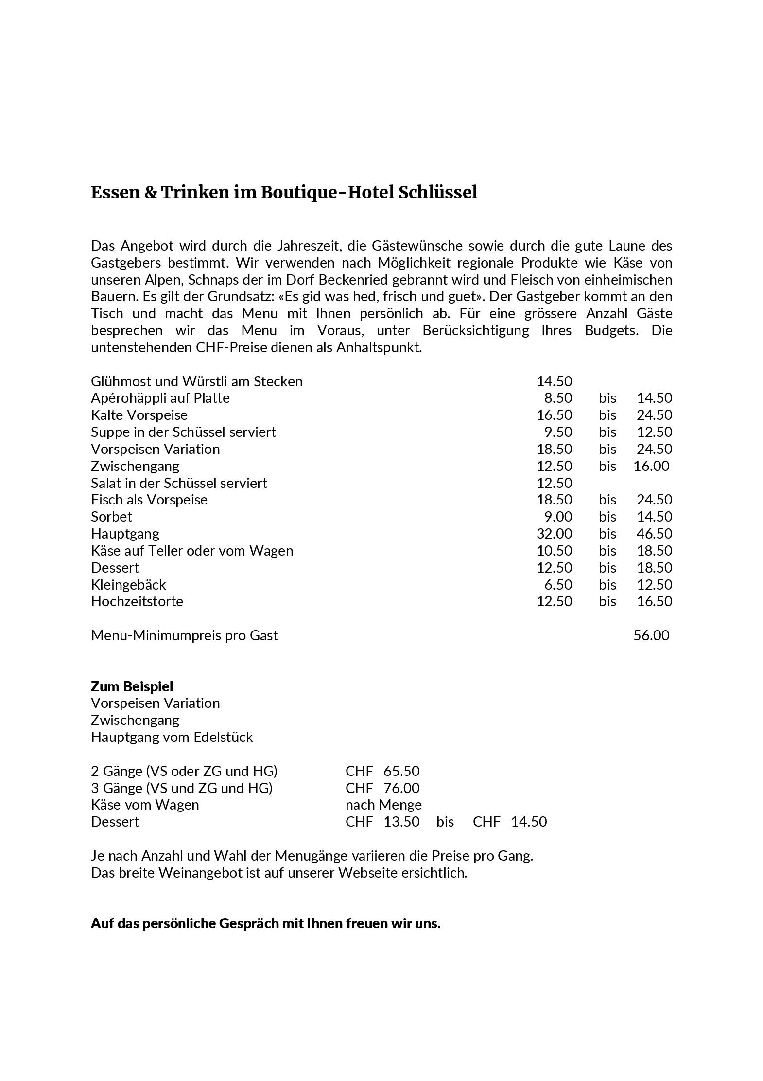 Speisekarte Gasthaus Schlüssel in Beckenried, Seite 2