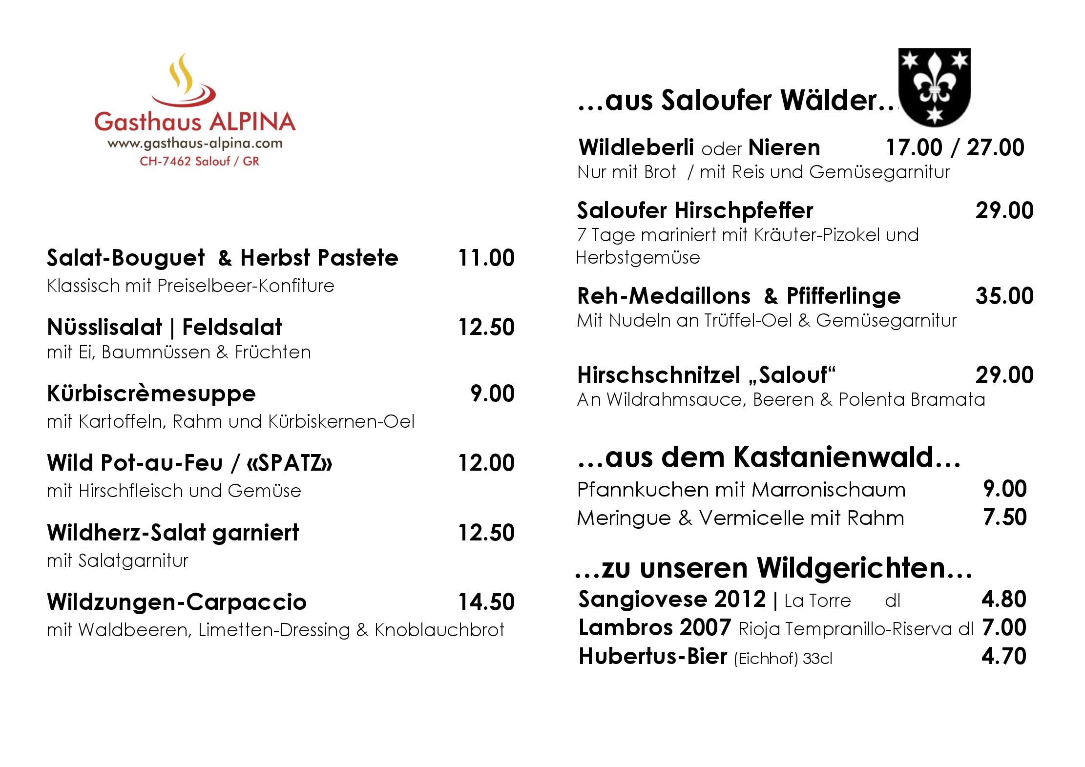 Speisekarte Gasthaus Alpina in Salouf, Seite 2