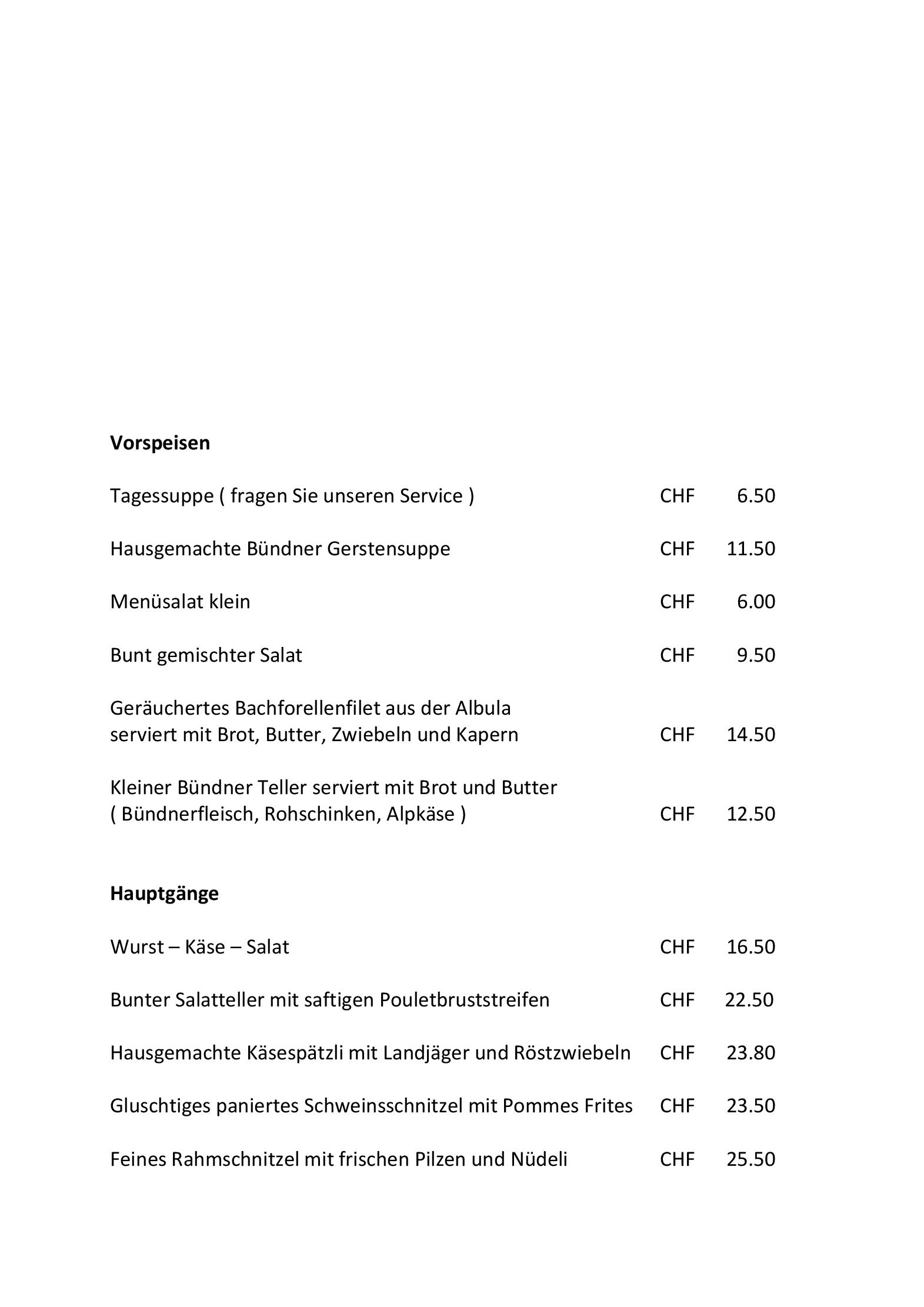 Speisekarte Landgasthaus Post in Surava, Seite 3