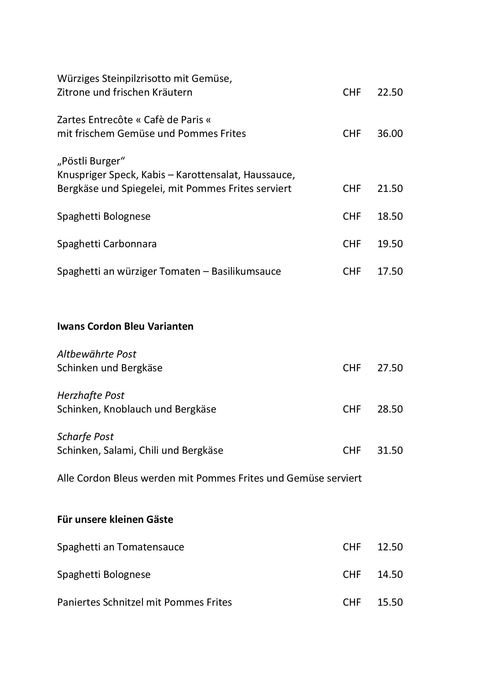 Speisekarte Landgasthaus Post in Surava, Seite 2