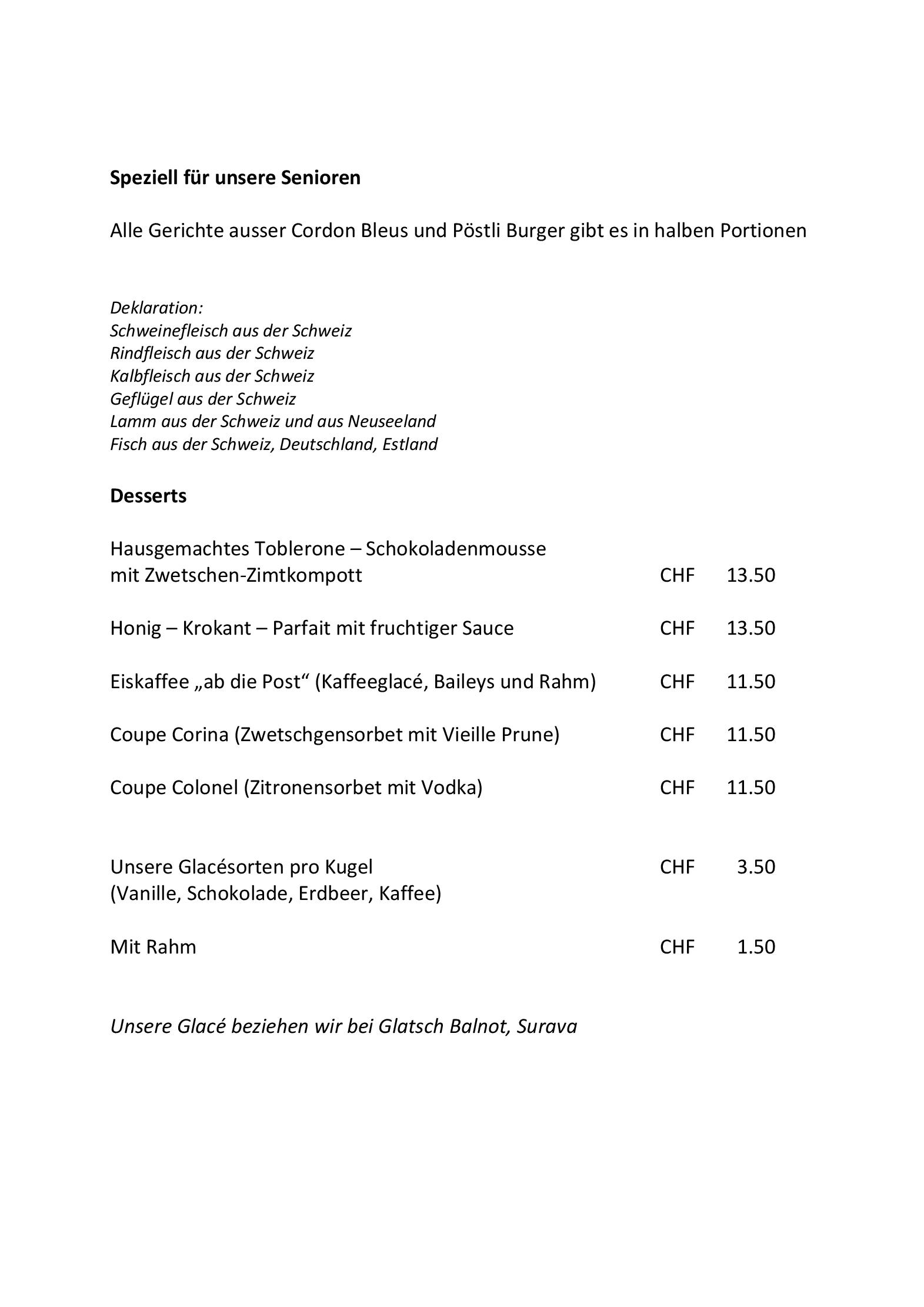 Speisekarte Landgasthaus Post in Surava, Seite 1