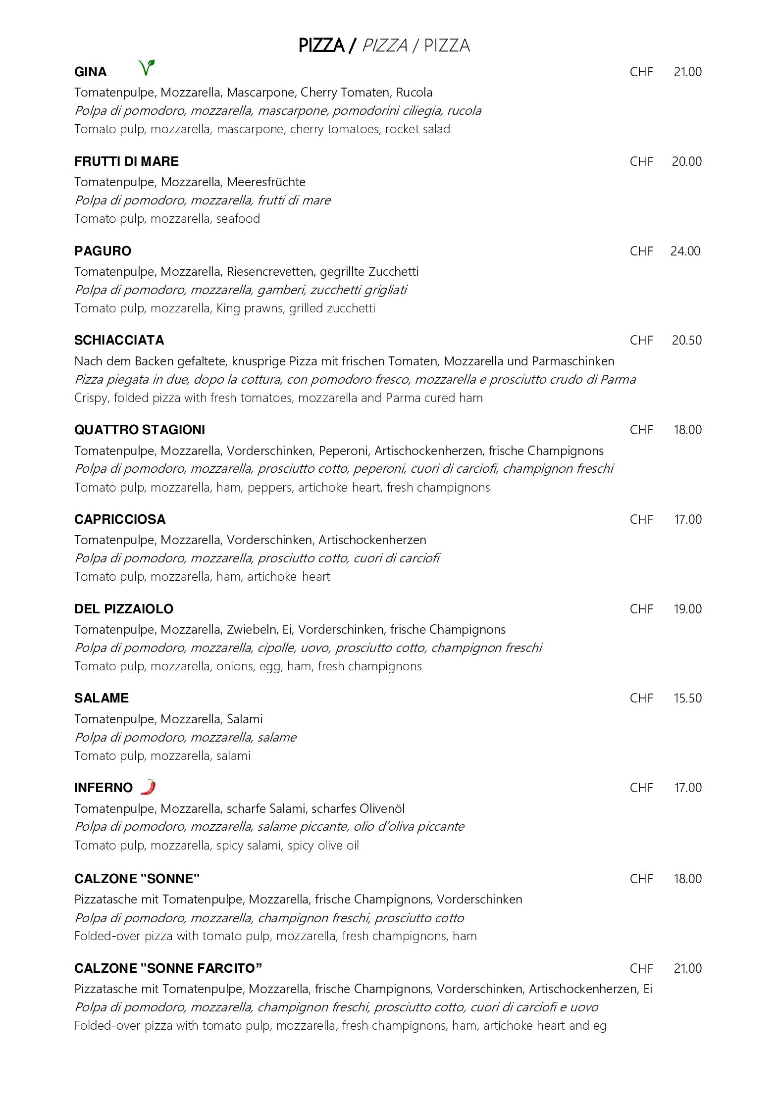 Speisekarte Hotel Restaurant Pizzeria Sonne in St. Moritz, Seite 3