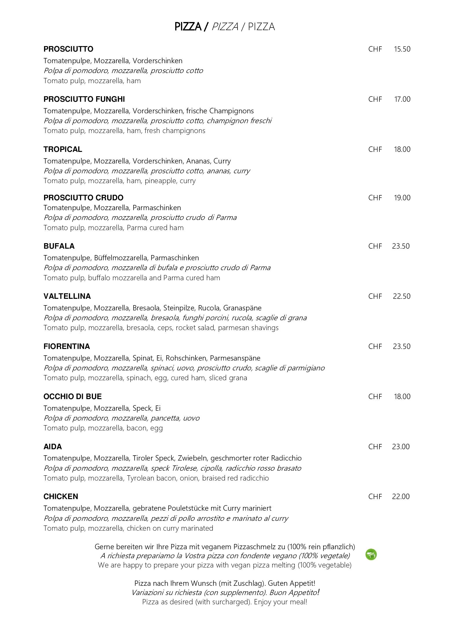 Speisekarte Hotel Restaurant Pizzeria Sonne in St. Moritz, Seite 2