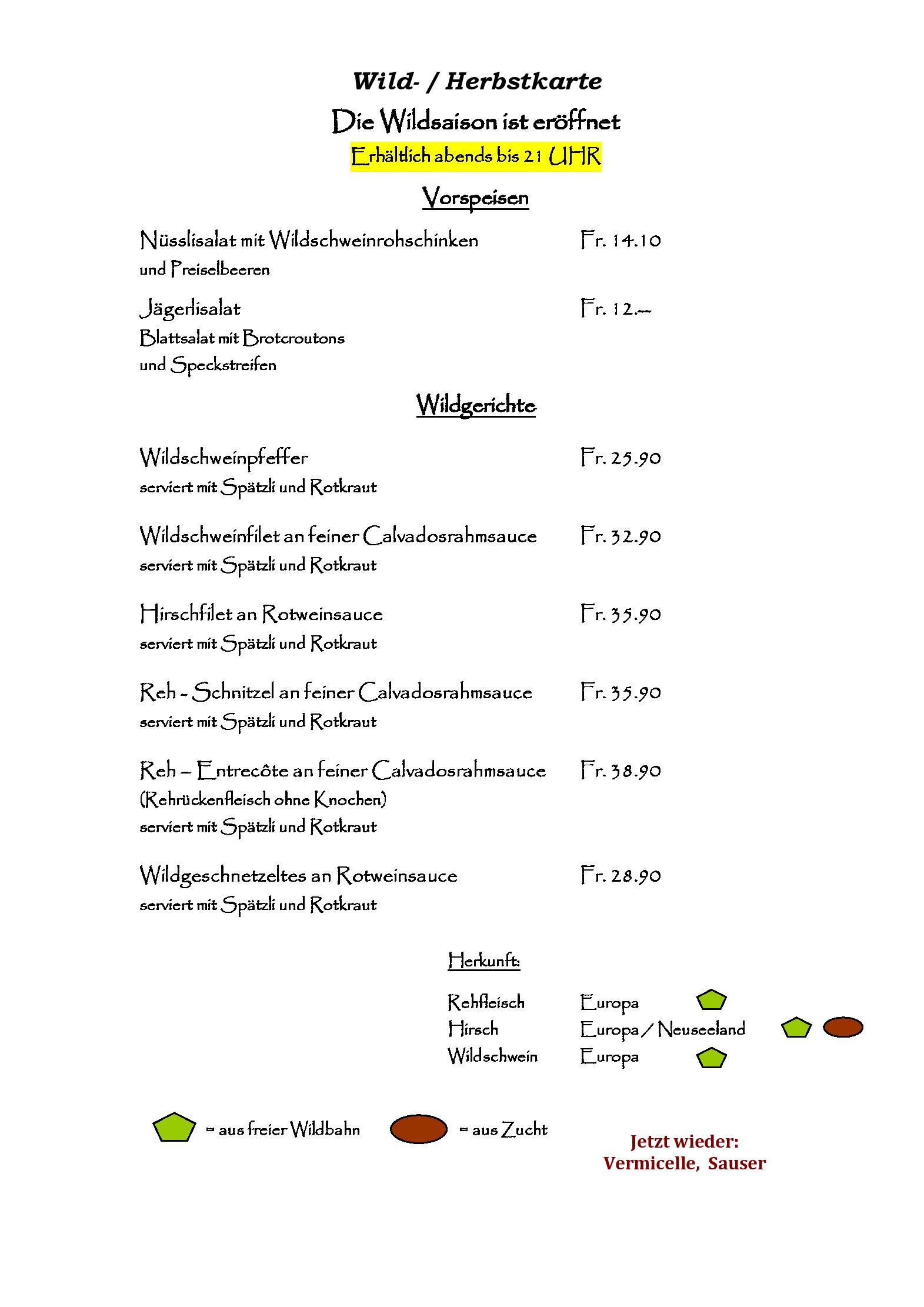 Speisekarte Jägerstübli in Binningen, Seite 9