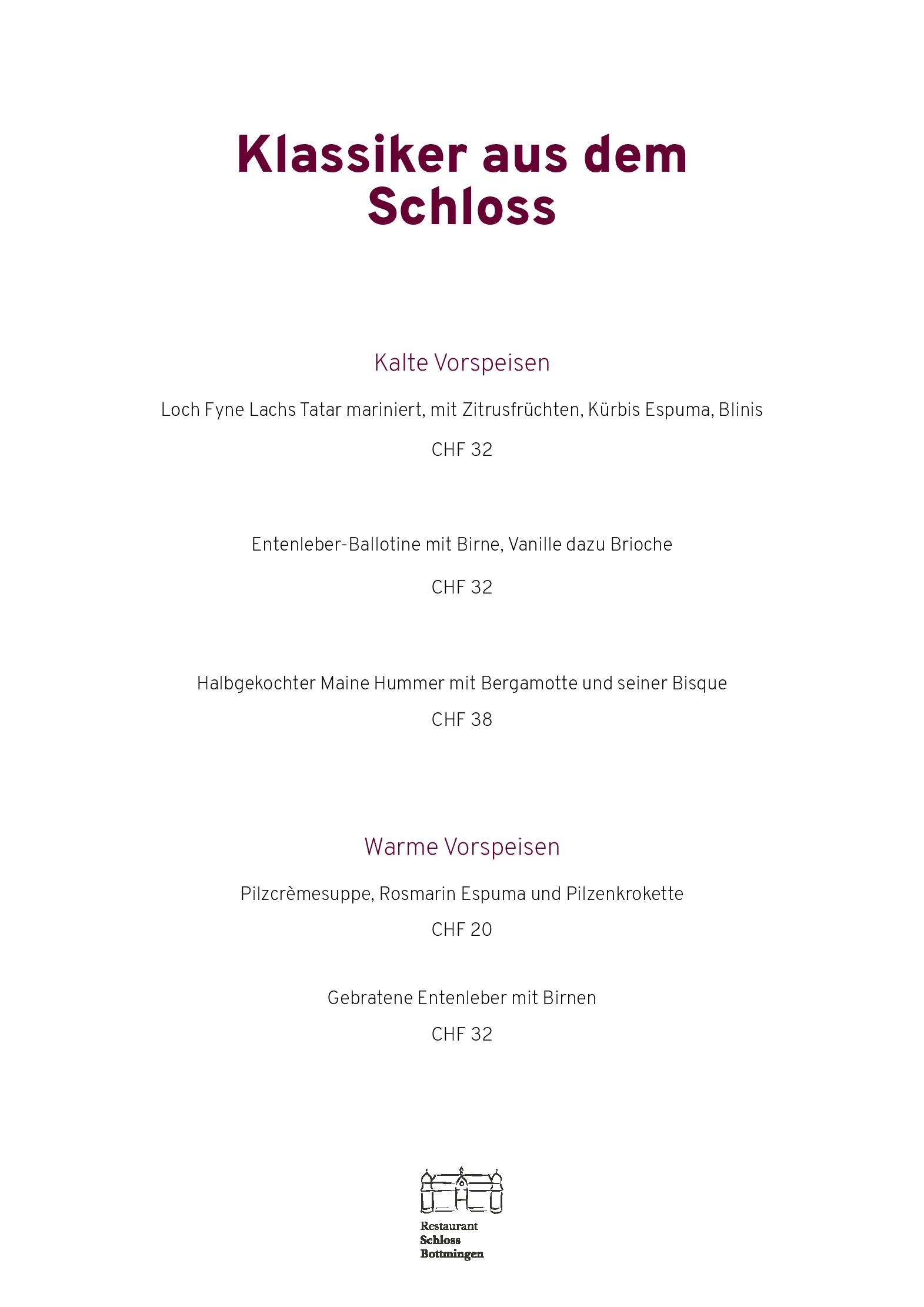 Speisekarte Restaurant Schloss Bottmingen in Bottmingen, Seite 2