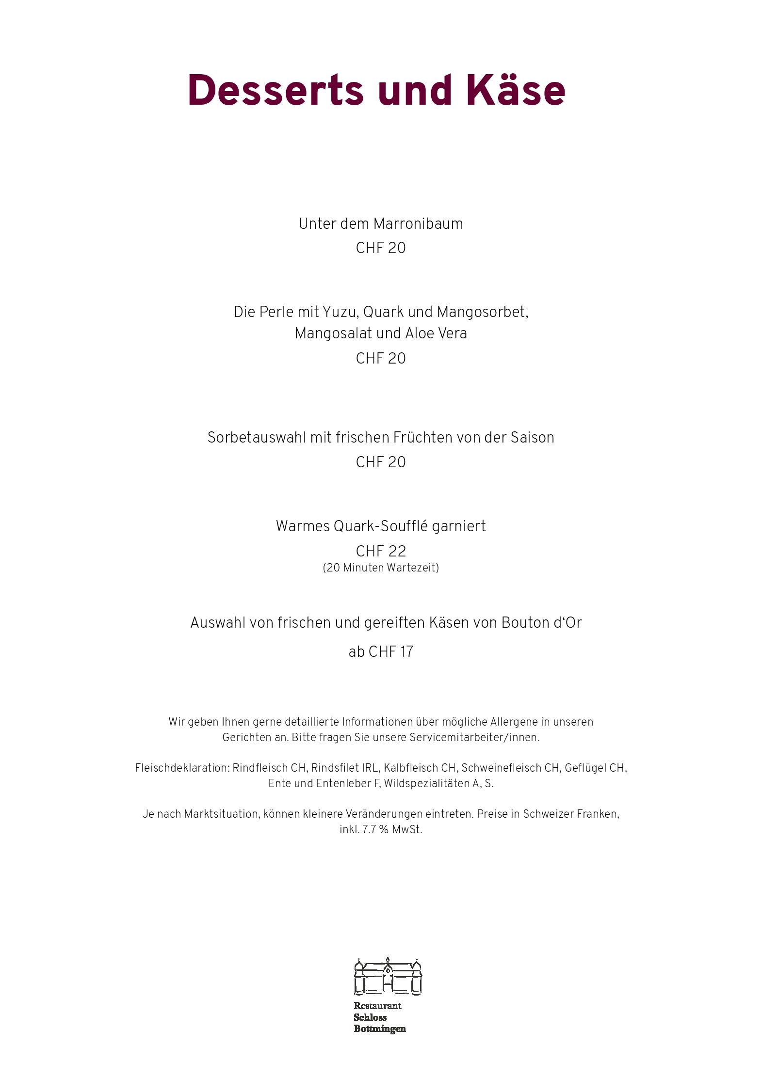 Speisekarte Restaurant Schloss Bottmingen in Bottmingen, Seite 5