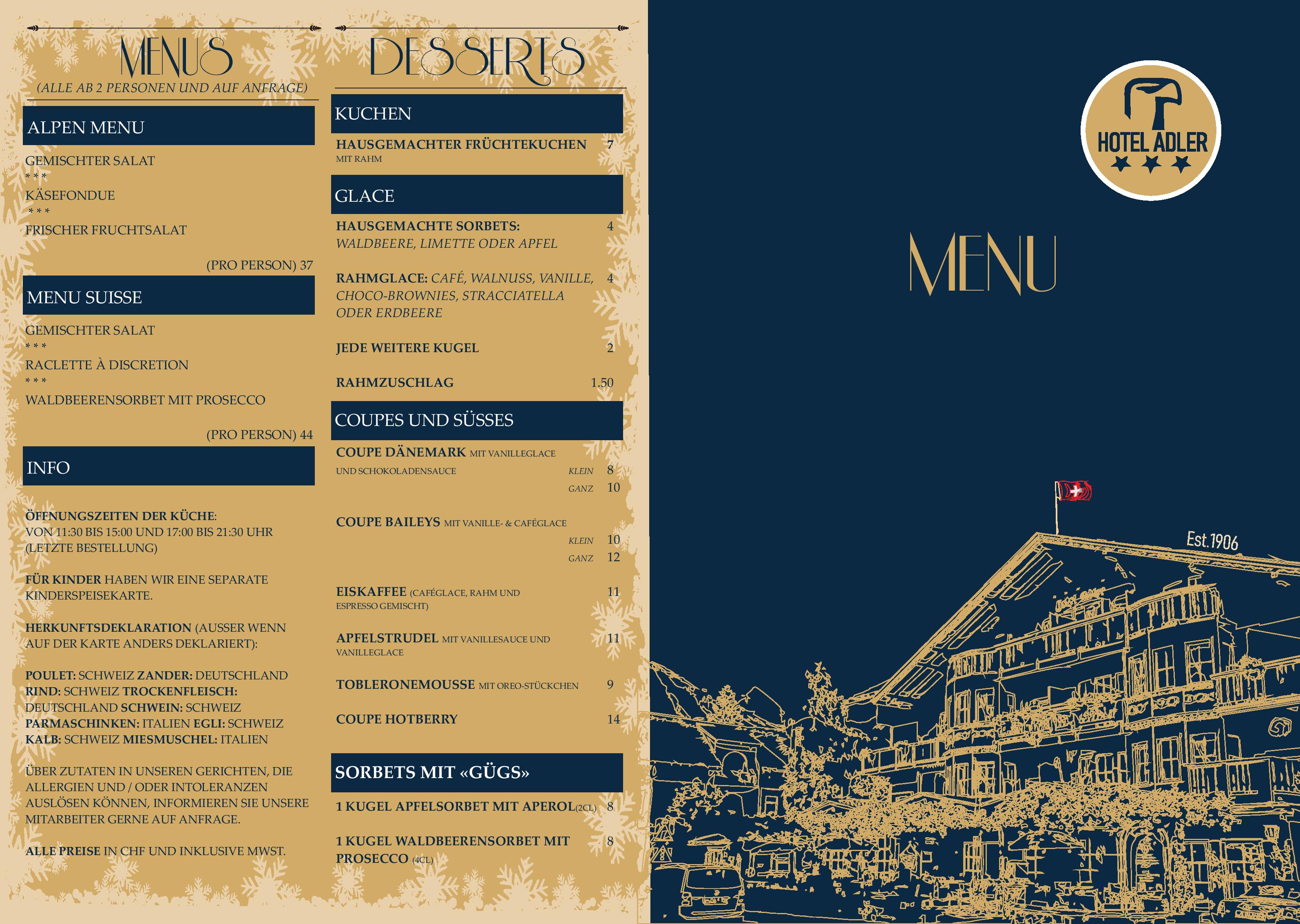 Speisekarte Chalet-Hotel Adler in Kandersteg, Seite 1