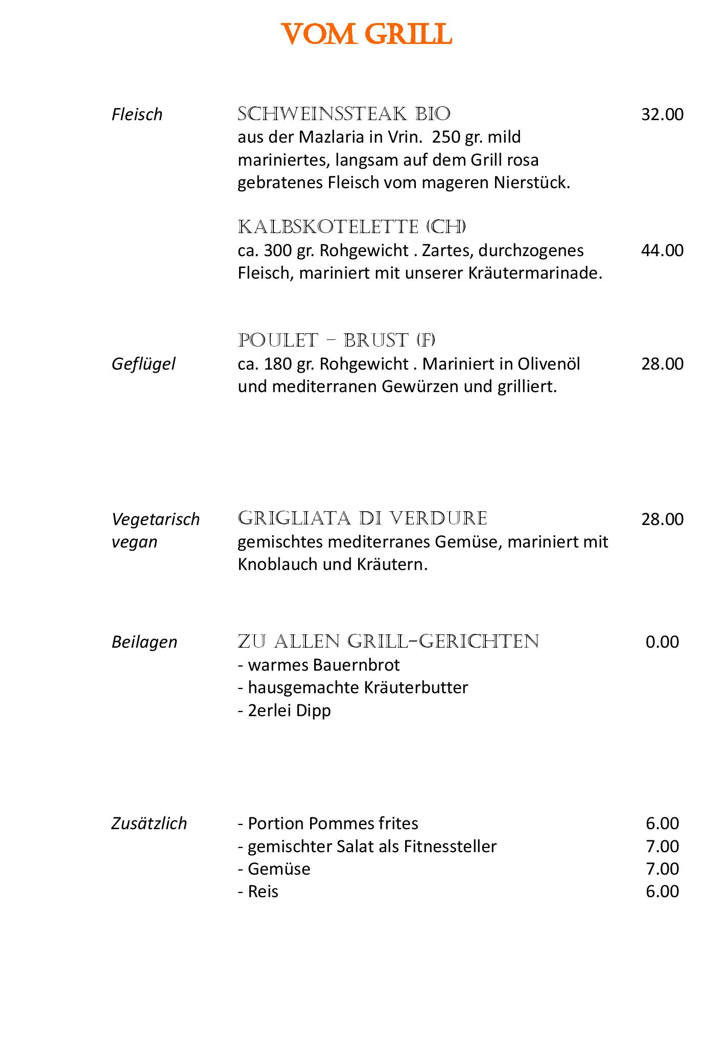 Speisekarte Gravas in Vella, Seite 1