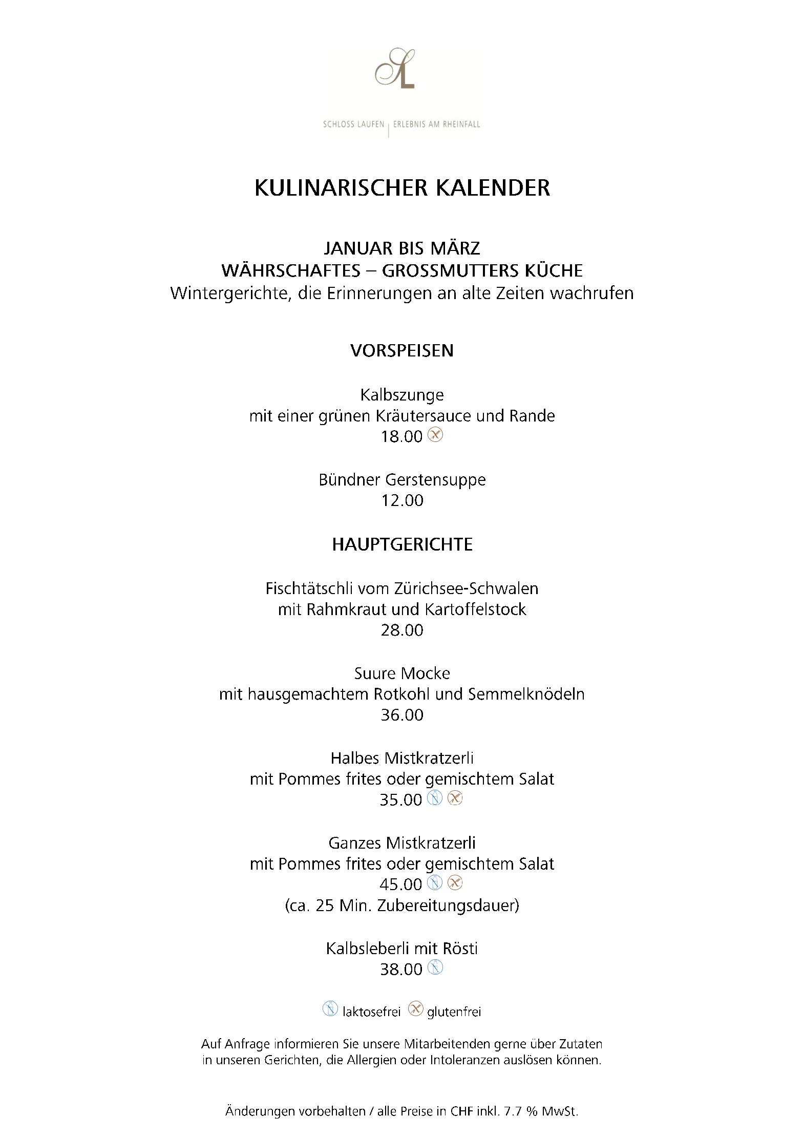 Speisekarte Schloss Laufen am Rheinfall in Dachsen, Seite 1