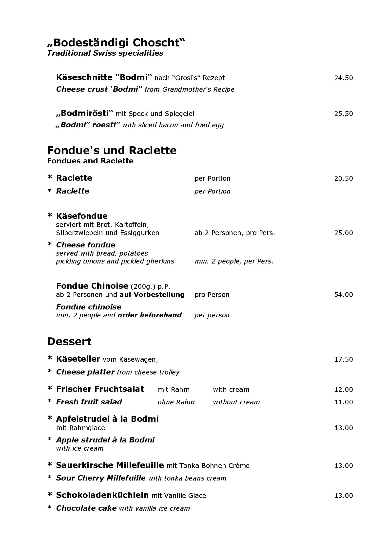 Speisekarte Hotel Bodmi in Grindelwald, Seite 13