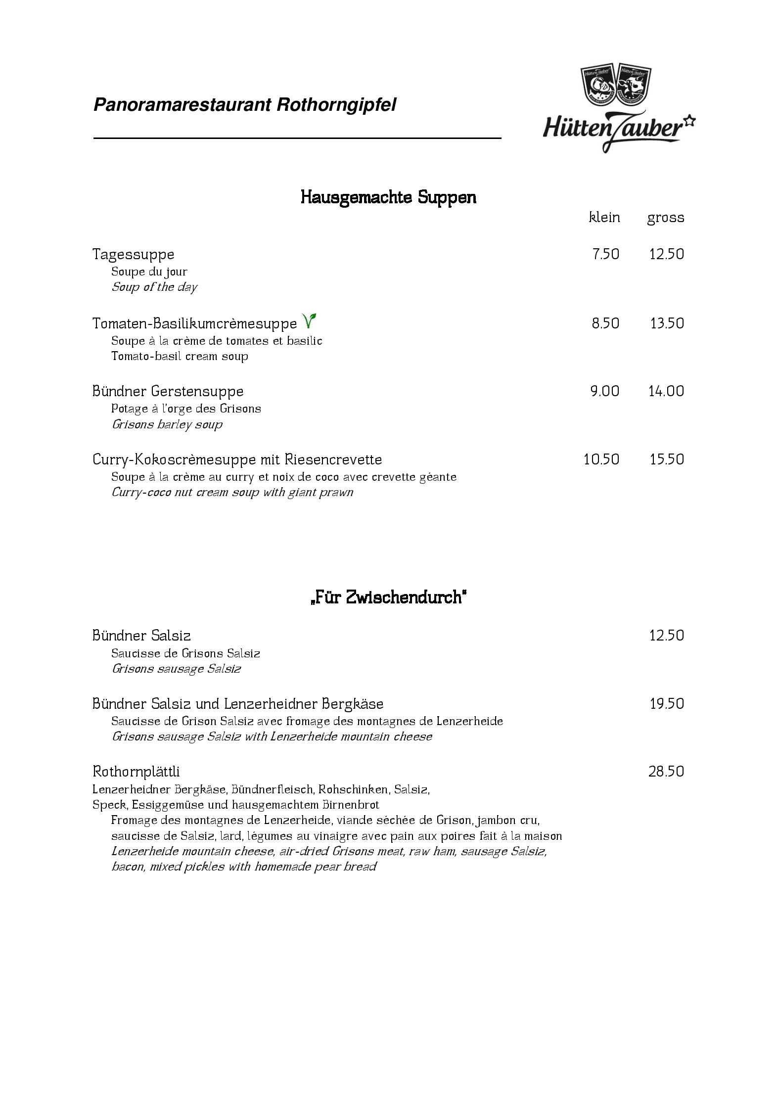 Speisekarte Panoramarestaurant Rothorngipfel in Lenzerheide, Seite 4