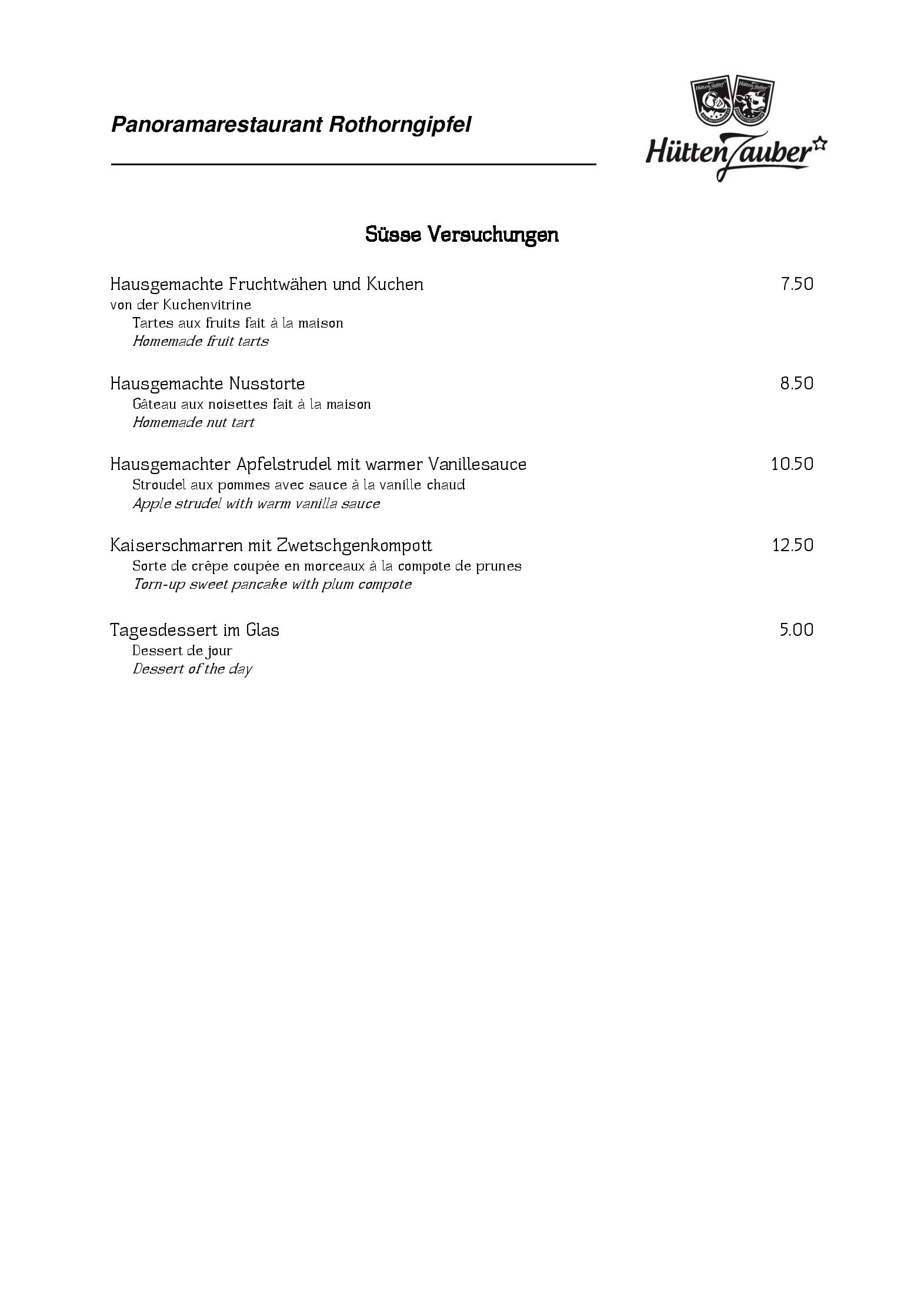 Speisekarte Panoramarestaurant Rothorngipfel in Lenzerheide, Seite 8