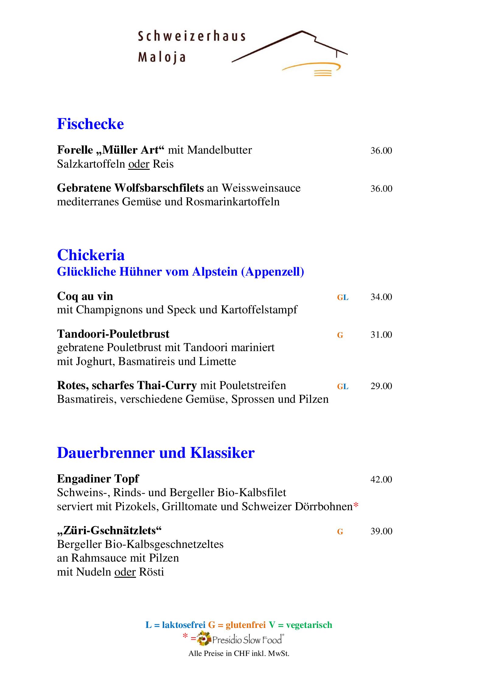 Speisekarte Hotel Schweizerhaus in Maloja, Seite 4
