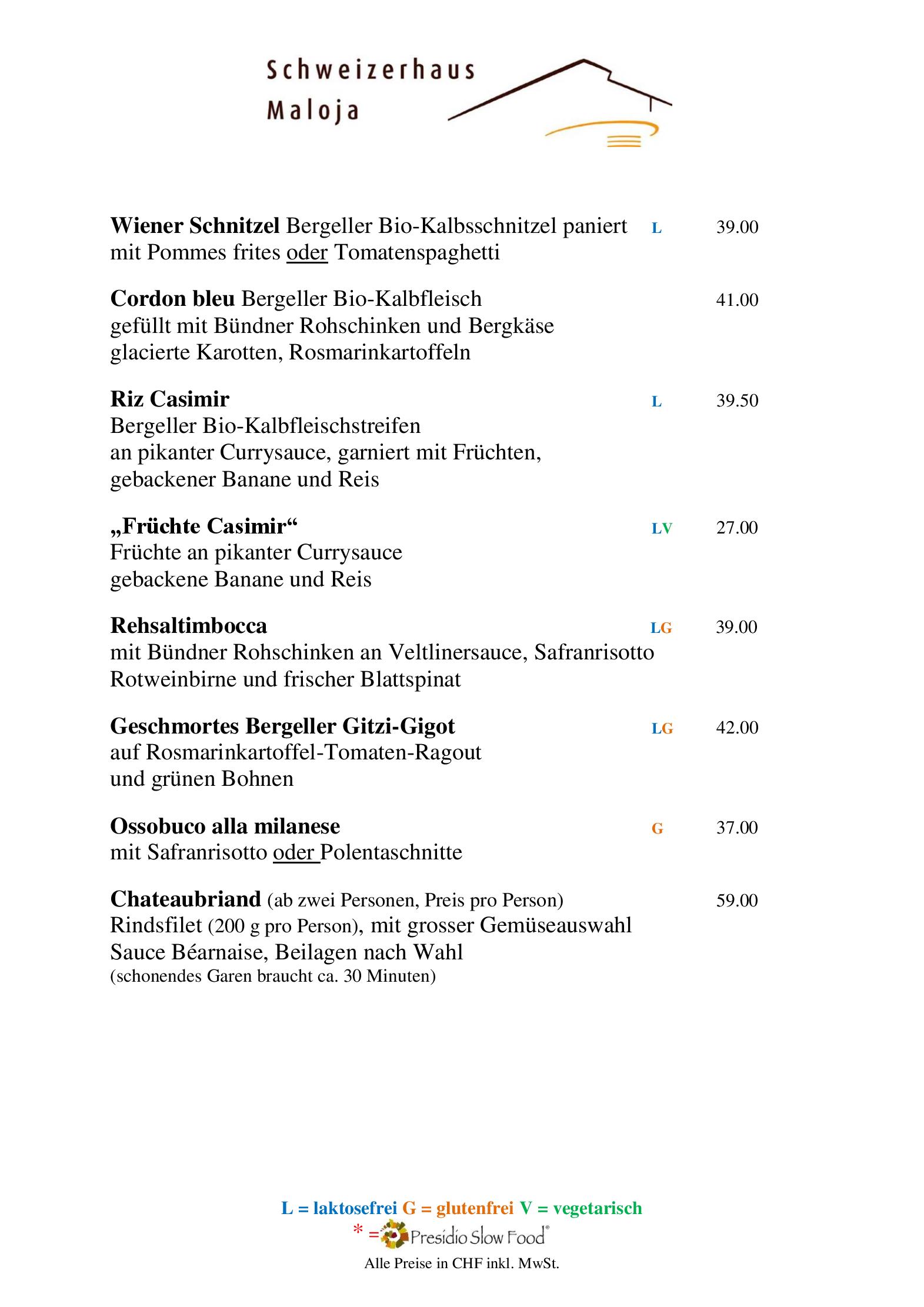 Speisekarte Hotel Schweizerhaus in Maloja, Seite 3