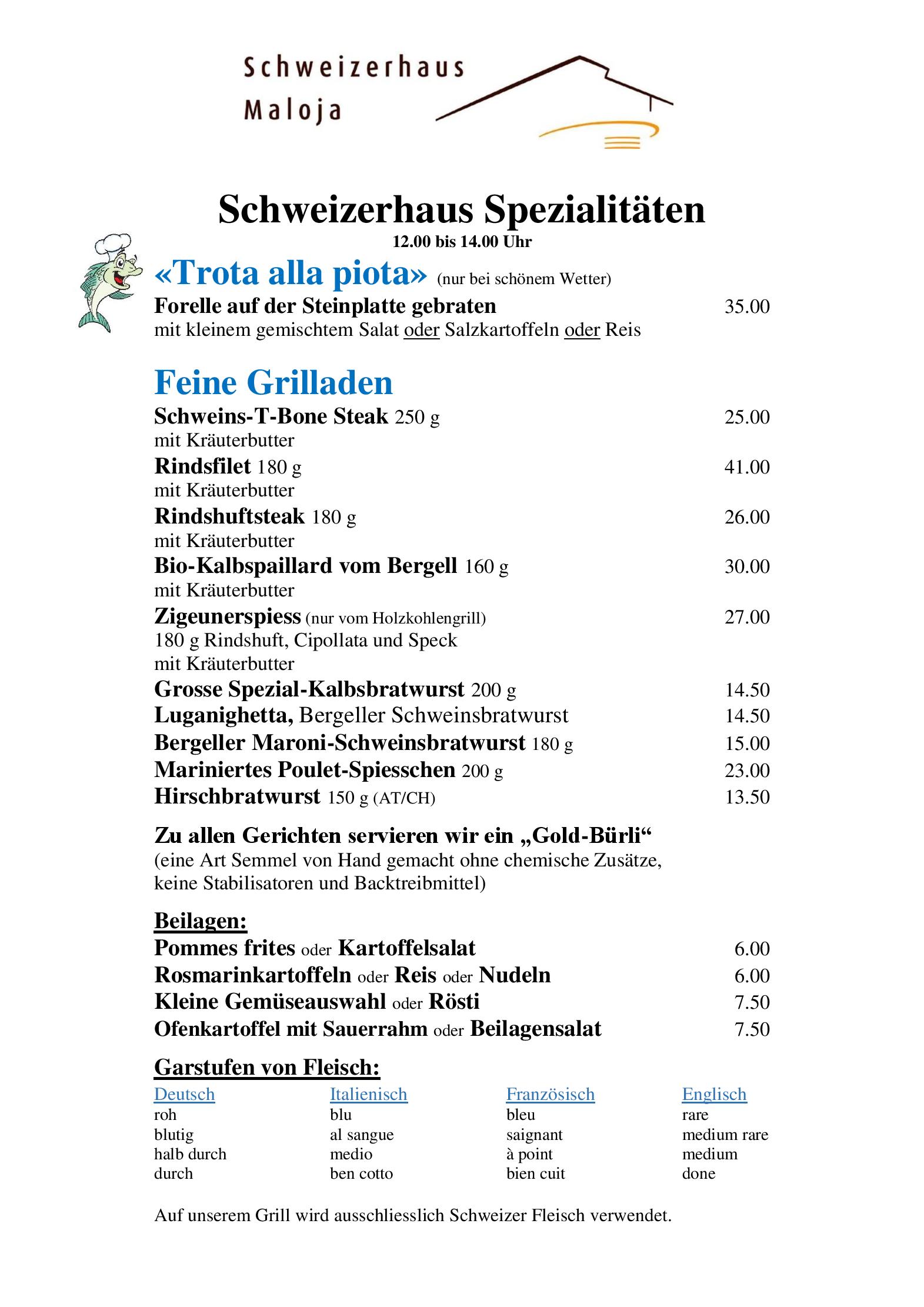 Speisekarte Hotel Schweizerhaus in Maloja, Seite 1