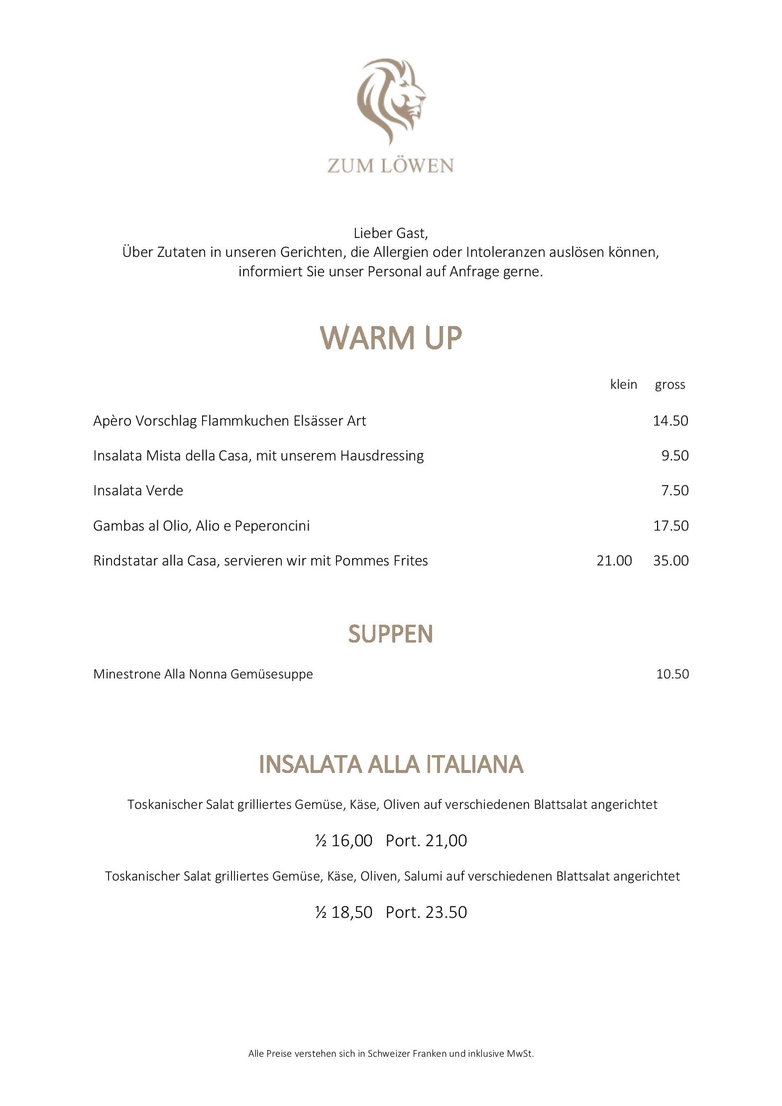 Speisekarte Restaurant zum Löwen in Winterthur, Seite 4
