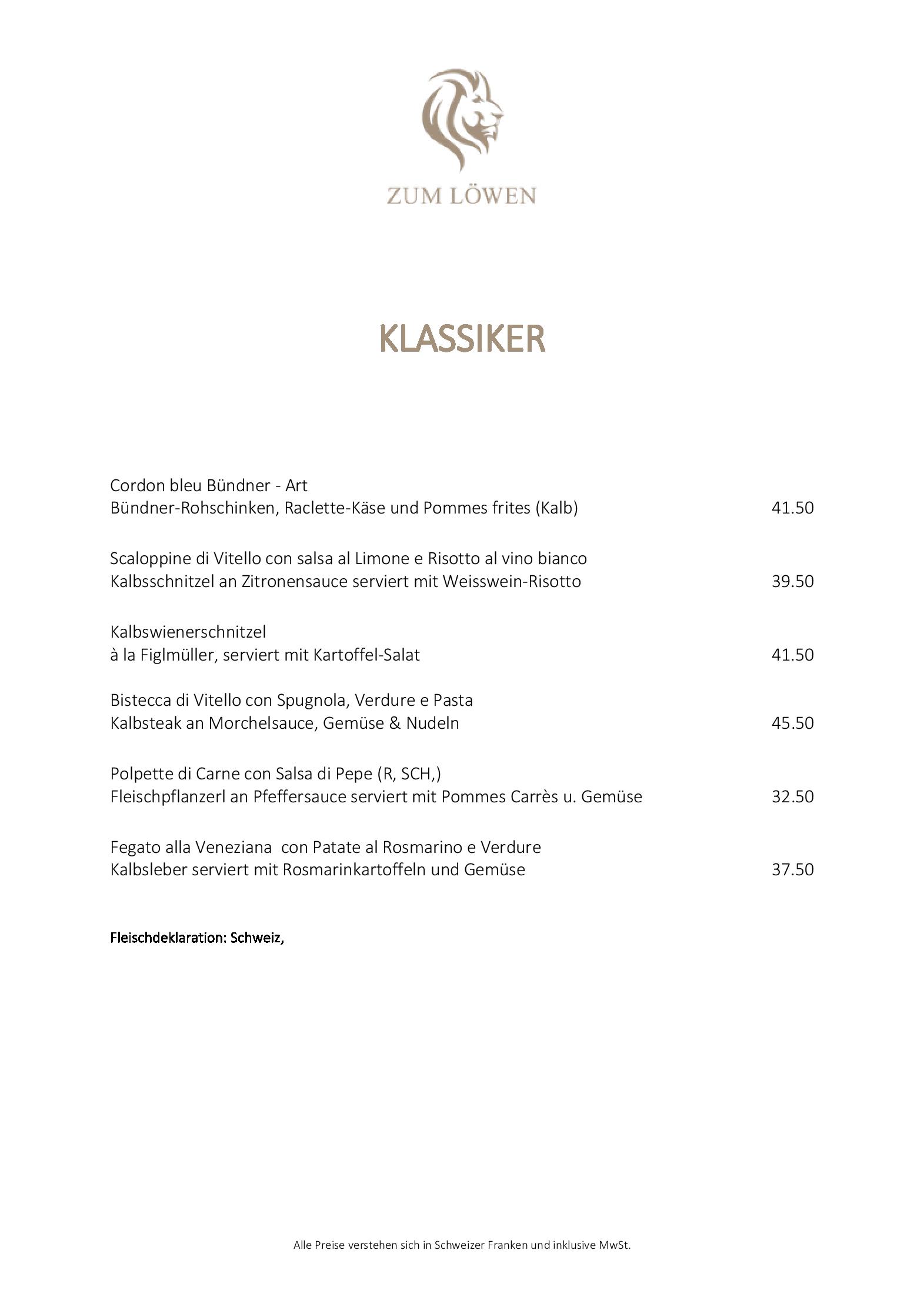 Speisekarte Restaurant zum Löwen in Winterthur, Seite 1