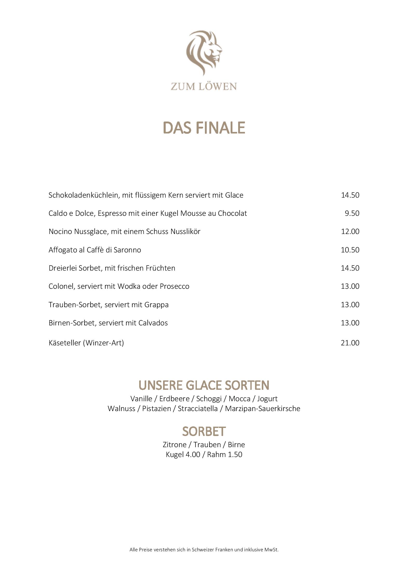 Speisekarte Restaurant zum Löwen in Winterthur, Seite 2
