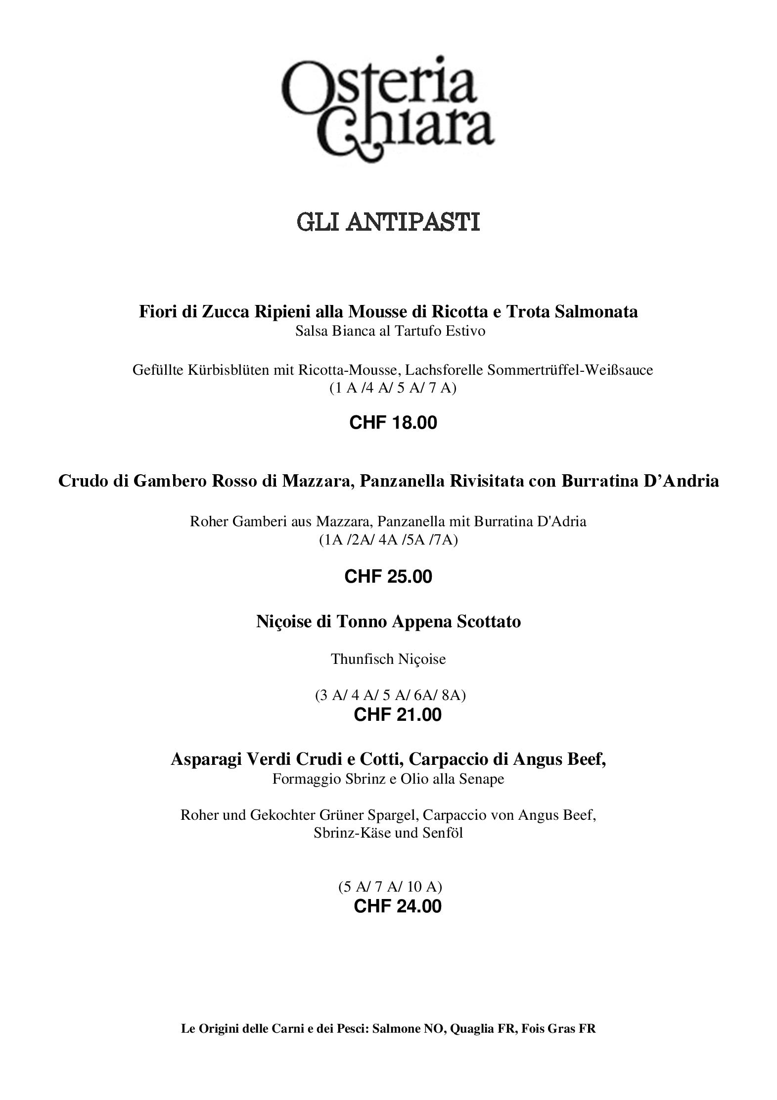 Speisekarte Osteria Chiara in Locarno, Seite 9