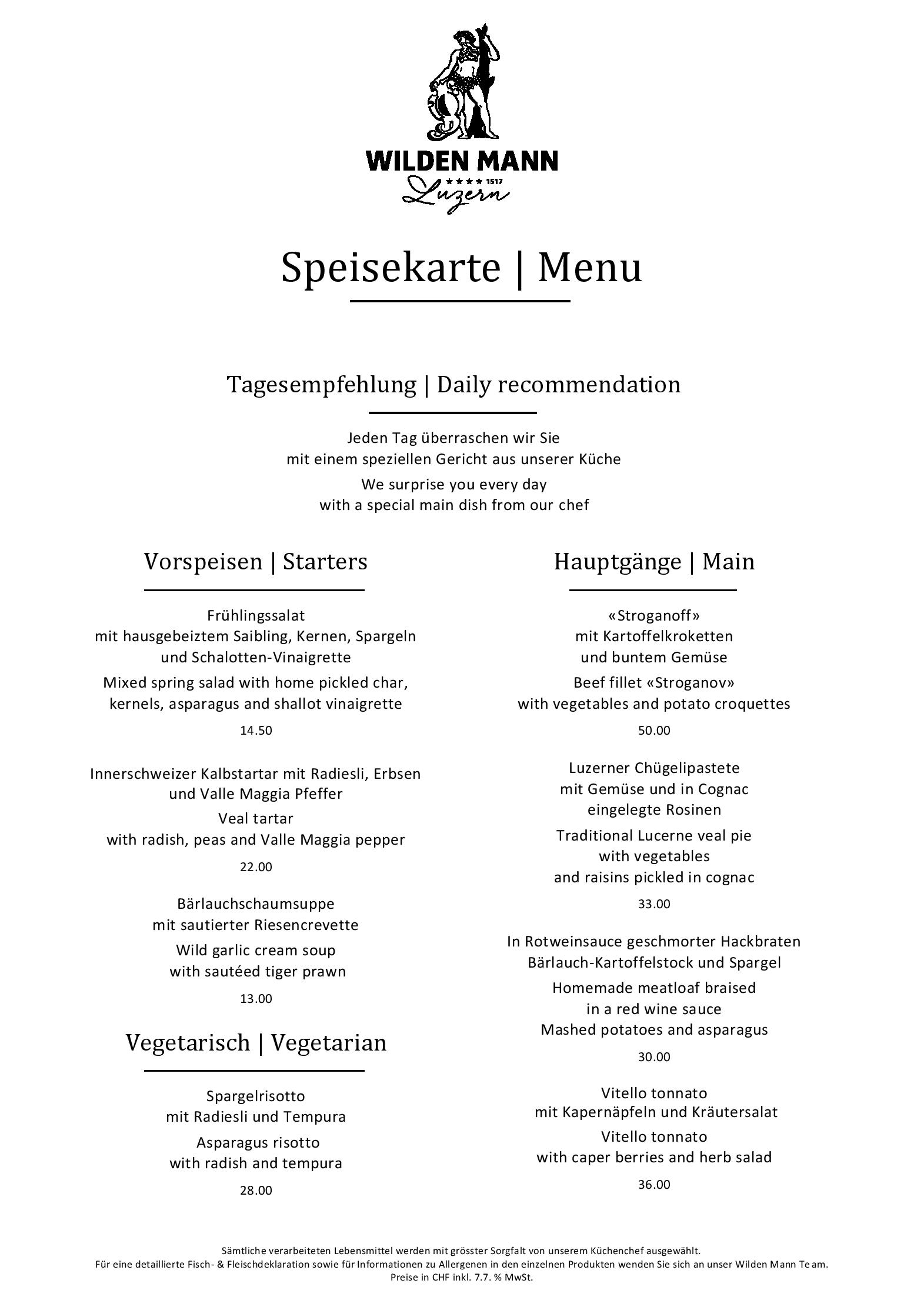 Speisekarte Restaurant Sauvage im Hotel Wilden Mann in Lucerne, Seite 1