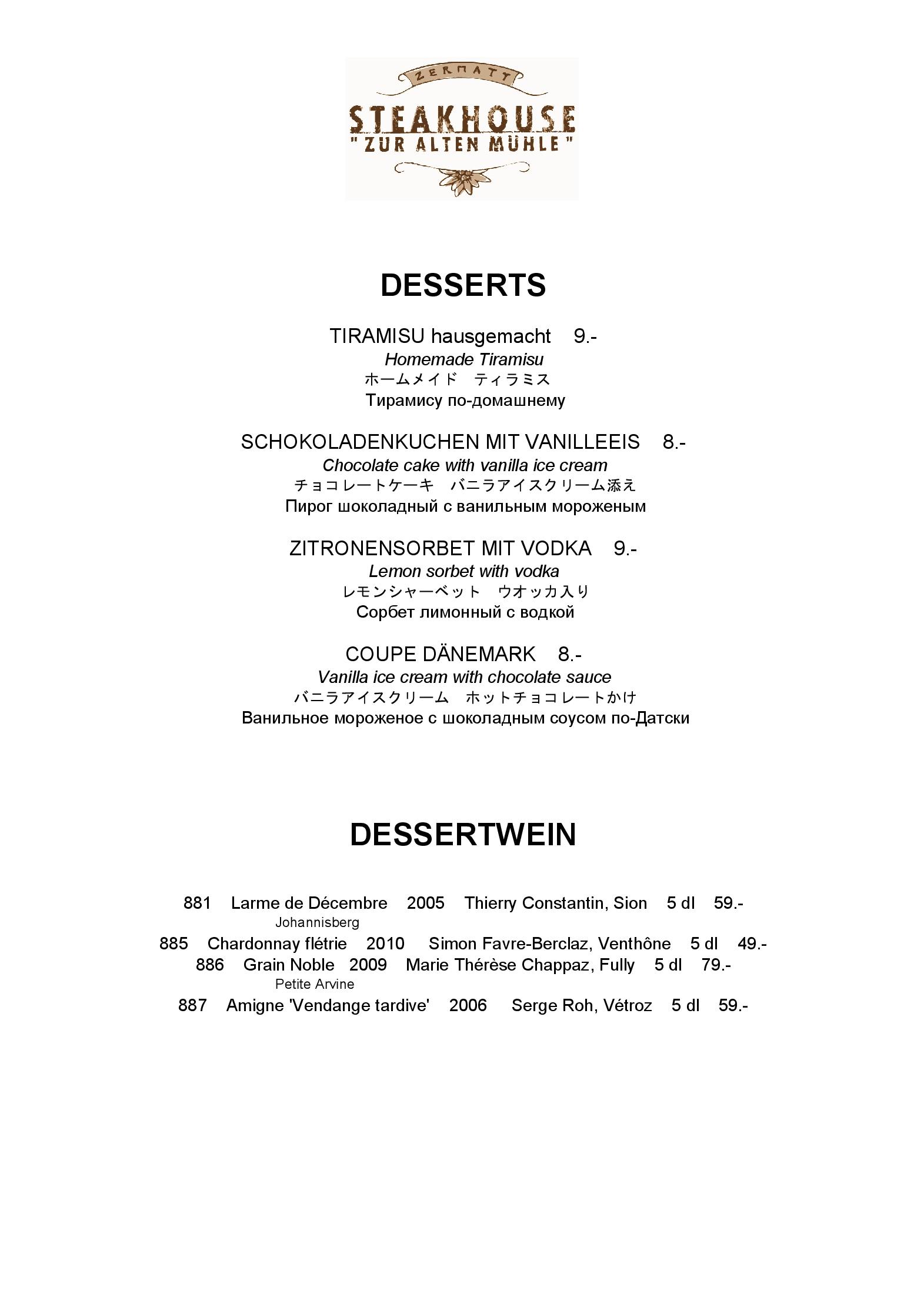 Speisekarte Steakhouse Zur Alten Mühle in Zermatt, Seite 6