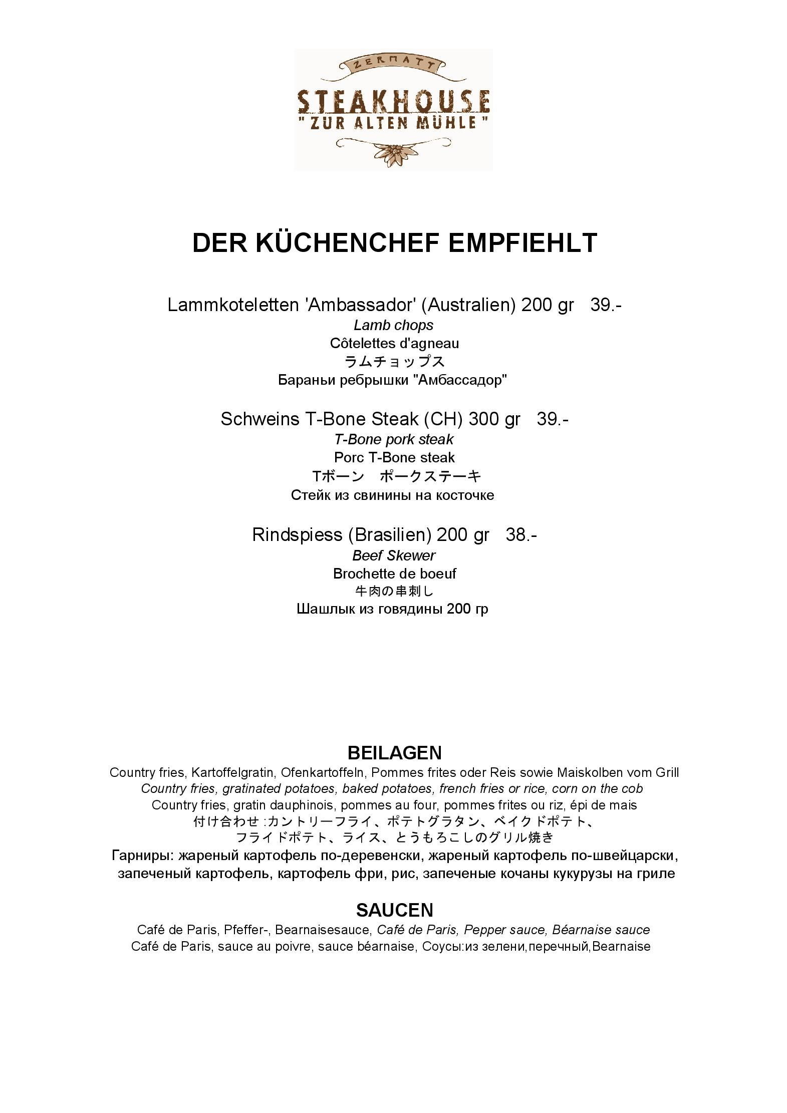 Speisekarte Steakhouse Zur Alten Mühle in Zermatt, Seite 7