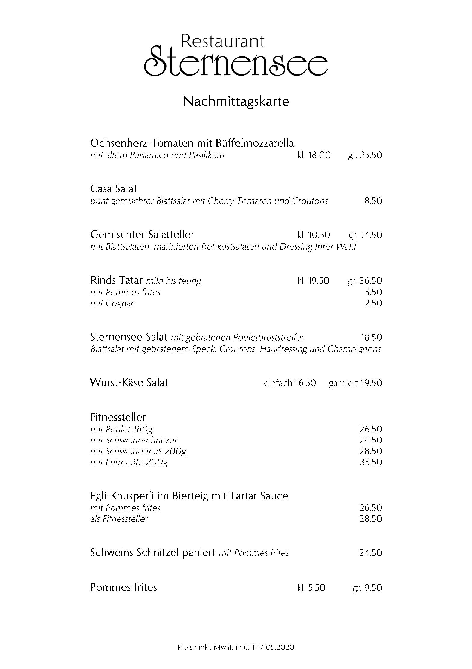 Speisekarte Sternensee in Samstagern, Seite 1