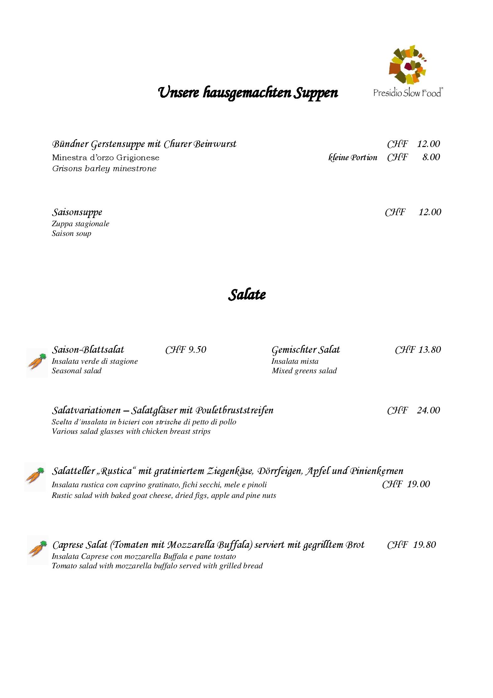 Speisekarte Hotel Restaurant Konditorei in Zuoz, Seite 1