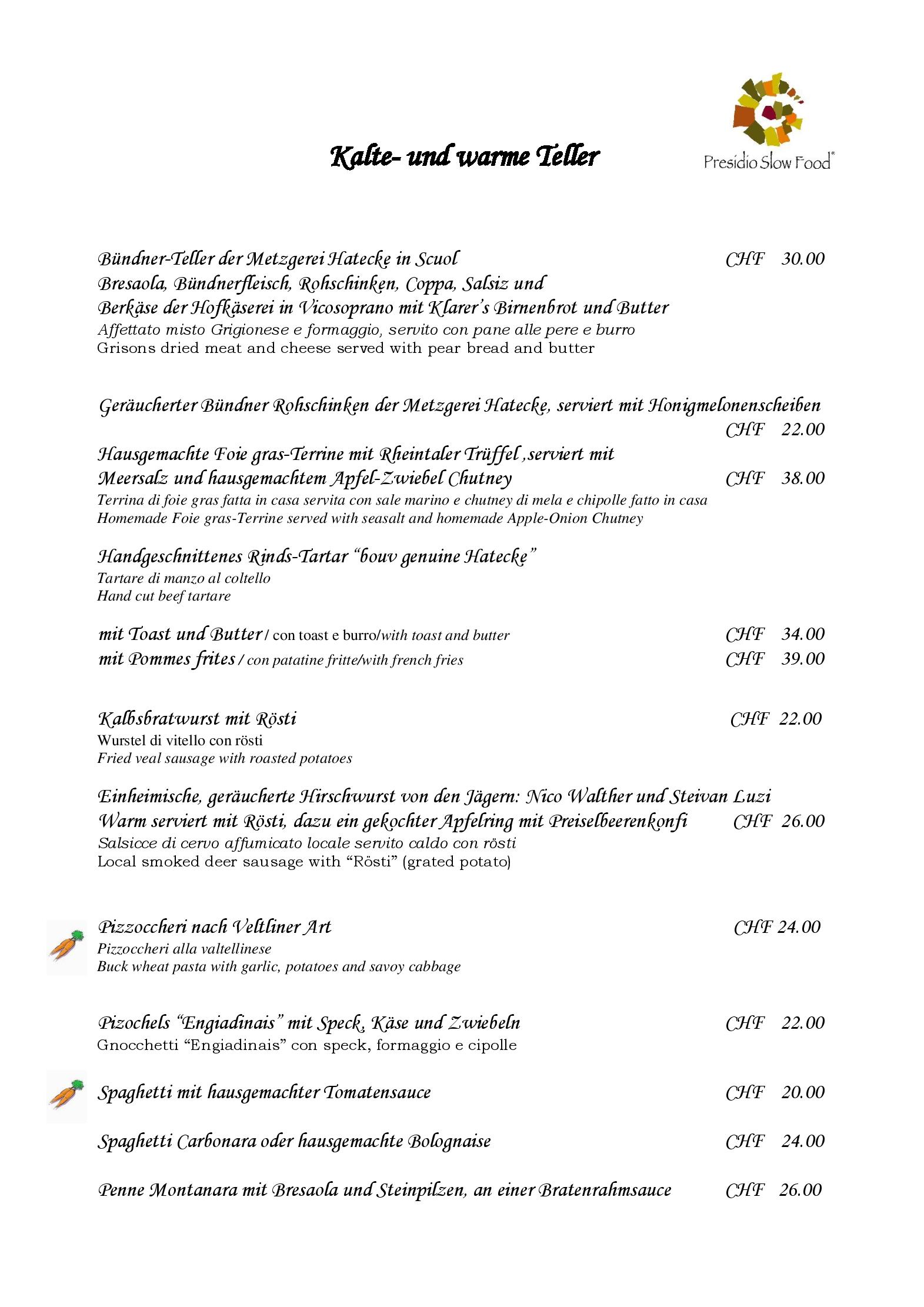 Speisekarte Hotel Restaurant Konditorei in Zuoz, Seite 2