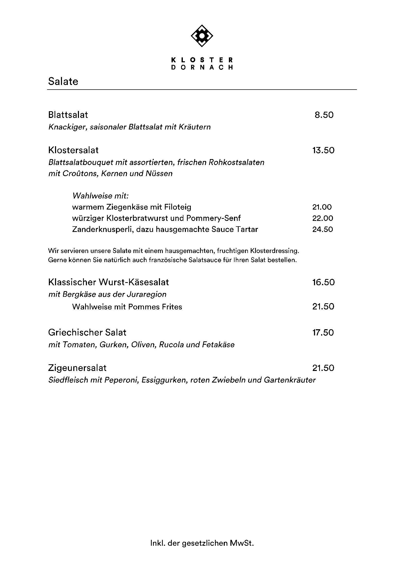 Speisekarte Stiftung Kloster Dornach in Dornach, Seite 1