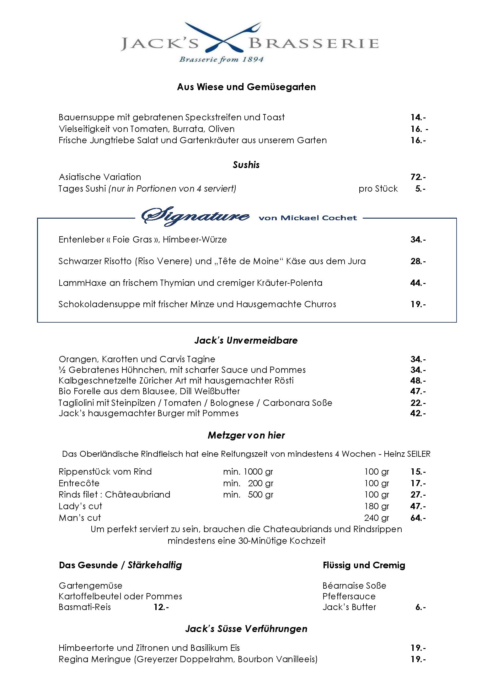 Speisekarte Jack s Brasserie in Wengen, Seite 2