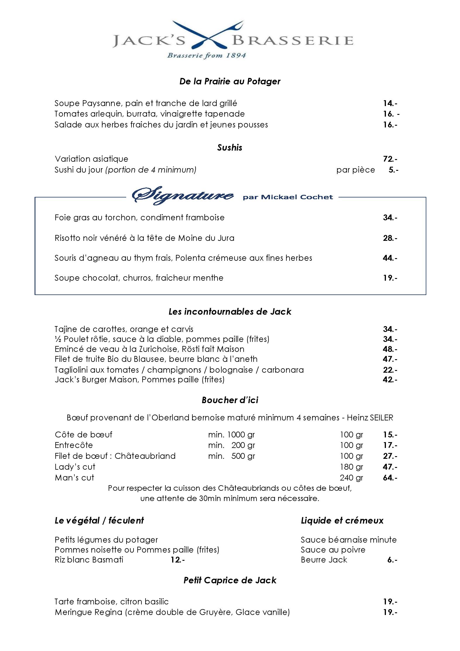 Speisekarte Jack s Brasserie in Wengen, Seite 1