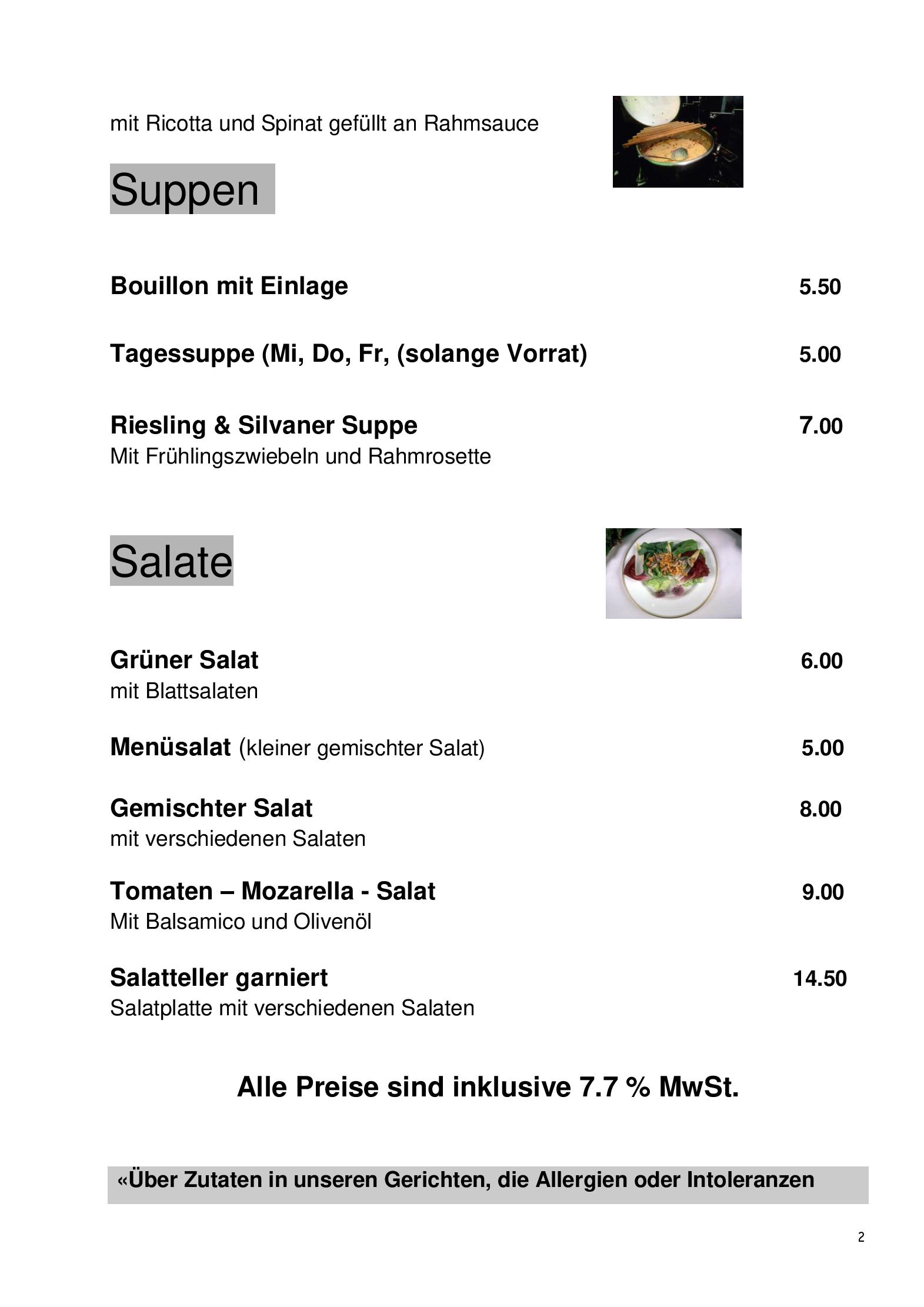 Speisekarte Rössli Romenschwanden in St. Margrethen, Seite 1