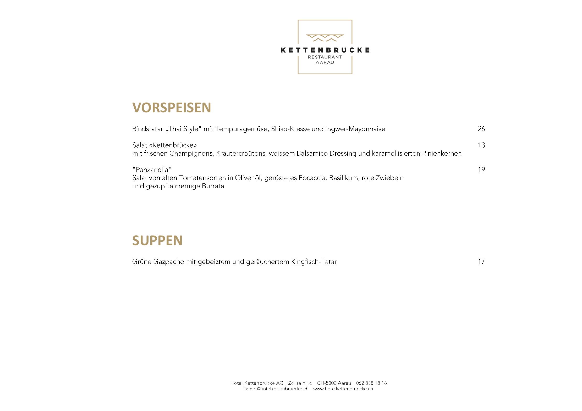 Speisekarte Restaurant Kettenbrücke  in Aarau, Seite 1